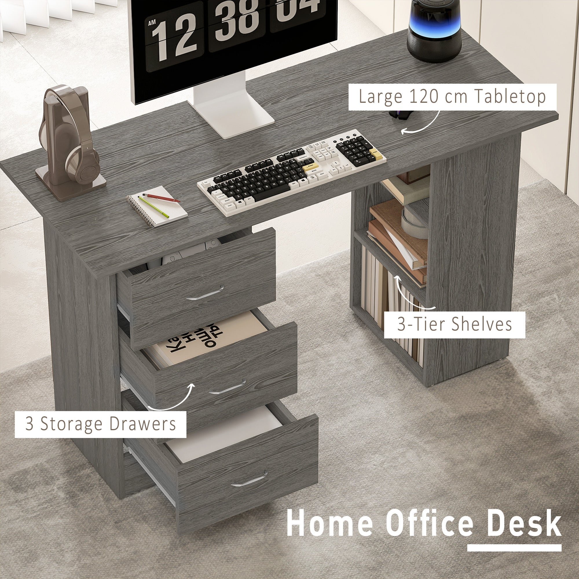 Computer Desk with Drawers, Home Office Desk, Writing Table, PC Workstation with 3 Storage Shelves for Working, Study, 120 x 49 x 72 cm, Grey