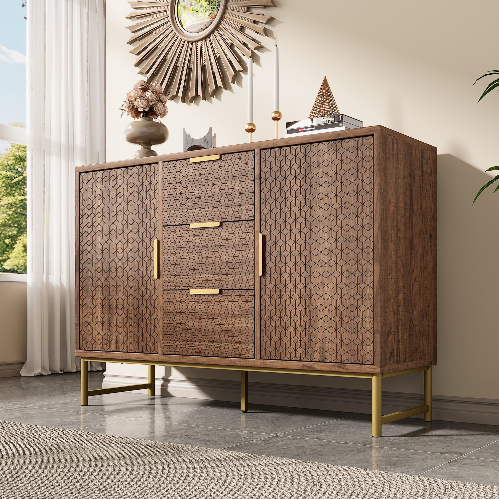 Embossed Design Sideboard Cabinet with 3 Drawers and 2 Doors, Adjustable Shelves, Anti-tip, Storage Cabinet, 120L x 40W x 75H cm, Walnut