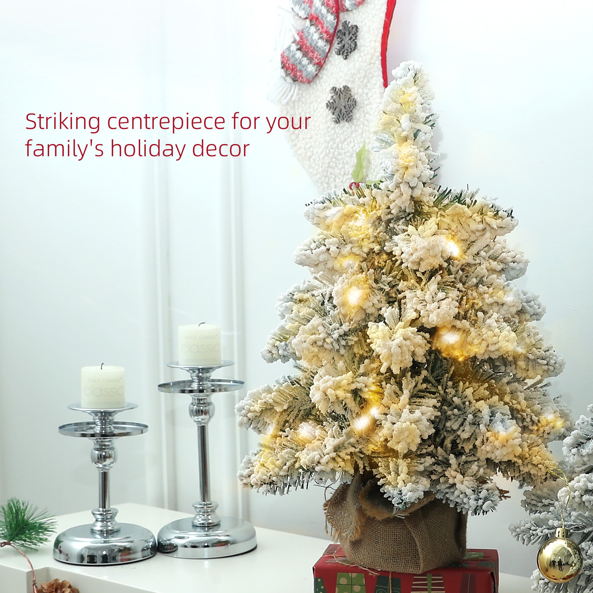 1.5ft Mini Artificial Christmas Trees with Lights Set of 2, Snow Flocked Tabletop Christmas Trees with Base, Battery Operated, Desktop Party Decoration