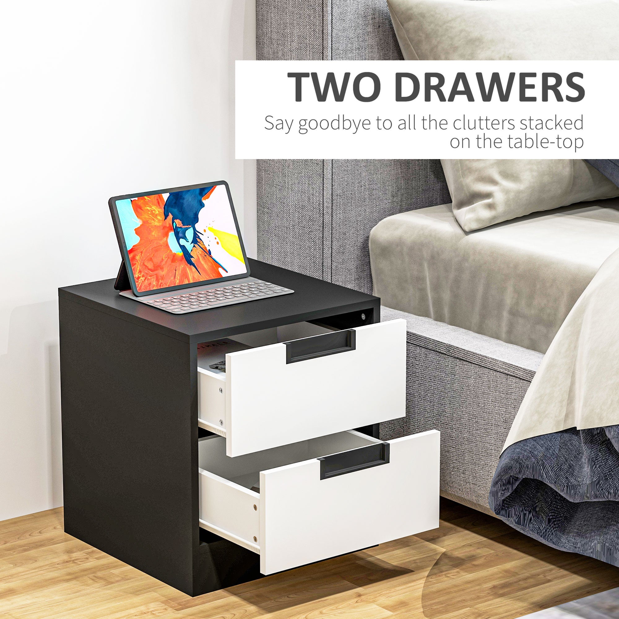 Set of Two Monochrome Two-Drawer Bedside Tables