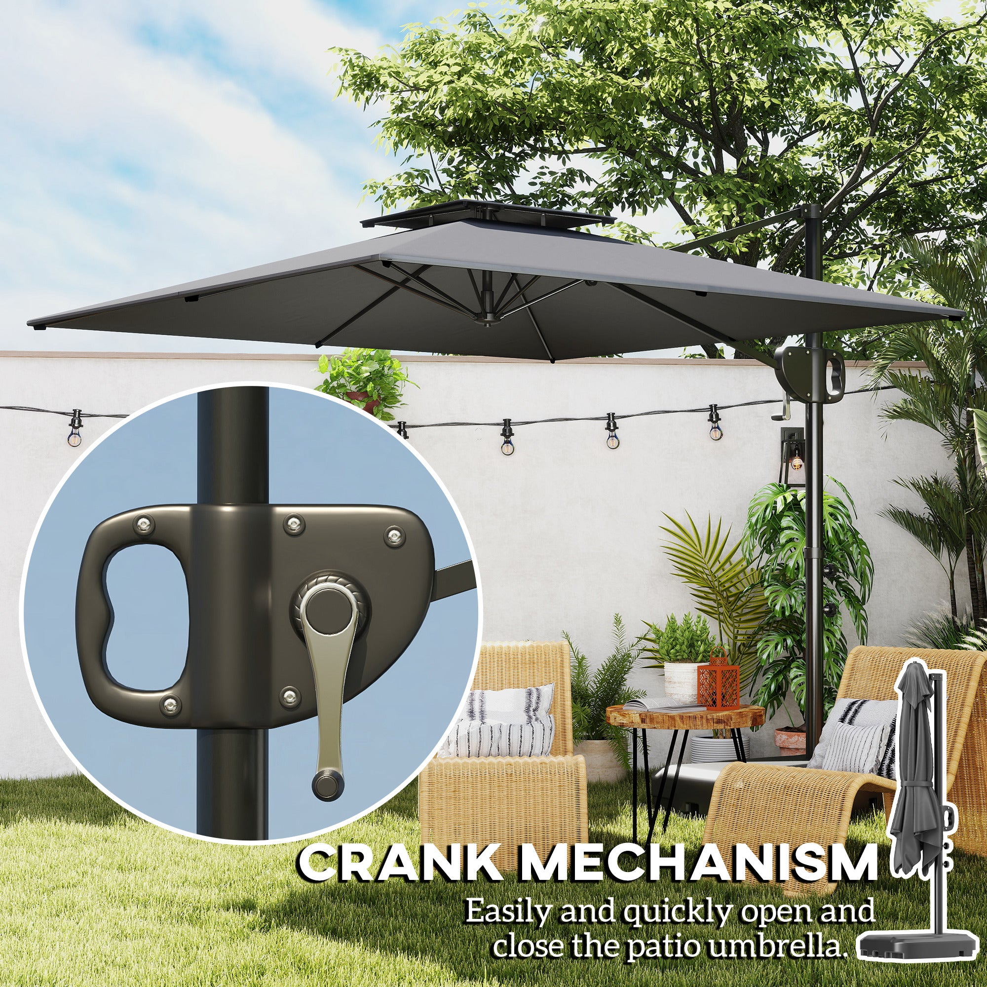 Cantilever Parasol with Weighted Base Double Top Garden Parasol Square Hanging Patio Umbrella with Crank Tilt Dark Grey
