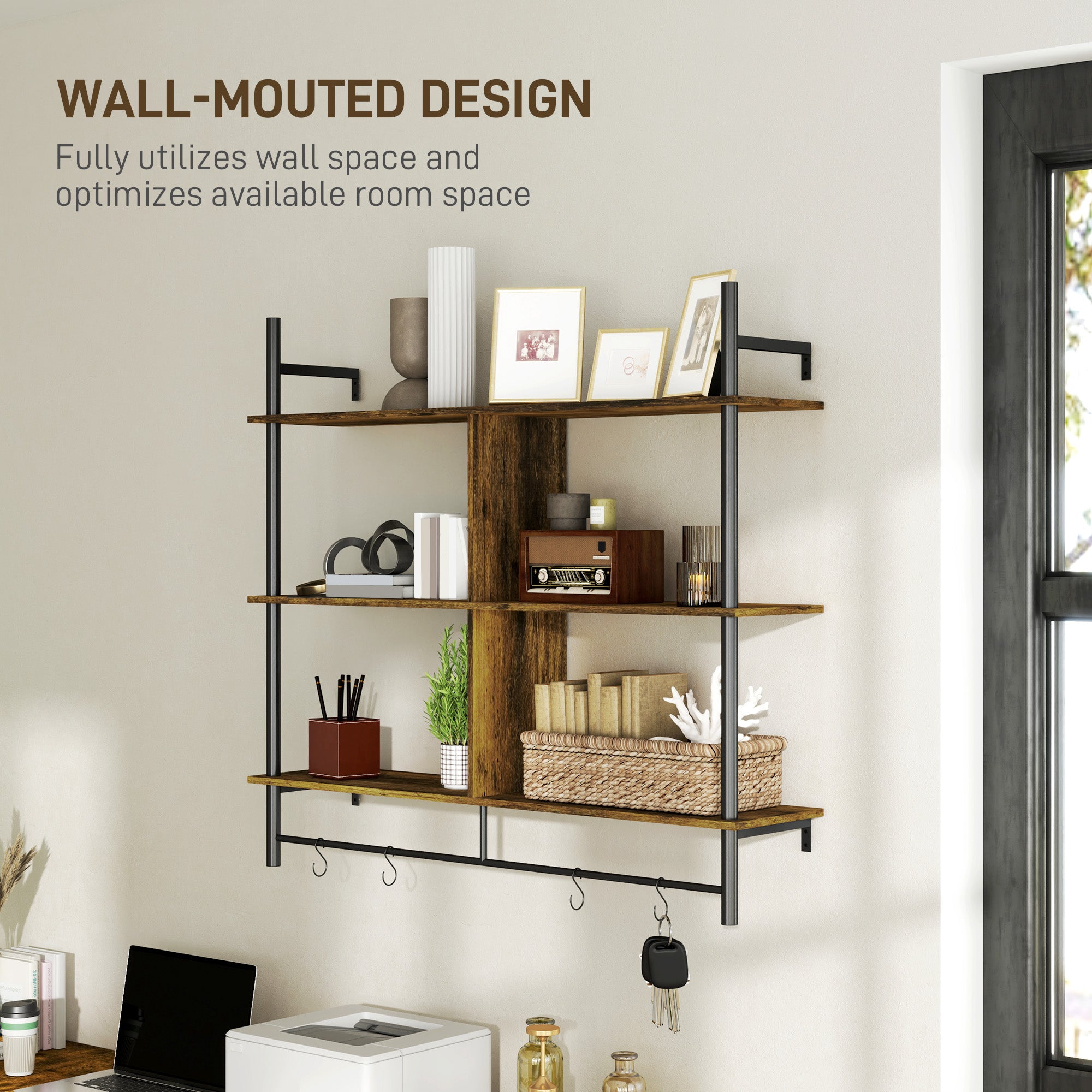 Three-Tier Floating Wall Shelf with Hooks - Brown/Black