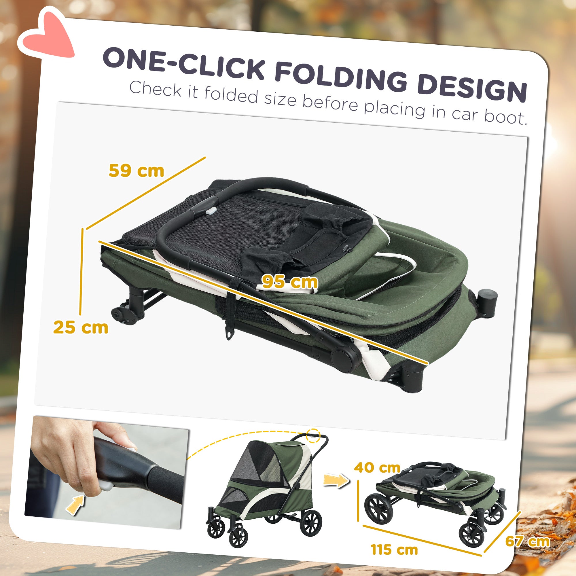 Easy Folding Large Dog Pet Stroller with Shock Absorb Frame, Safety Leashes & Brakes - Dark Green