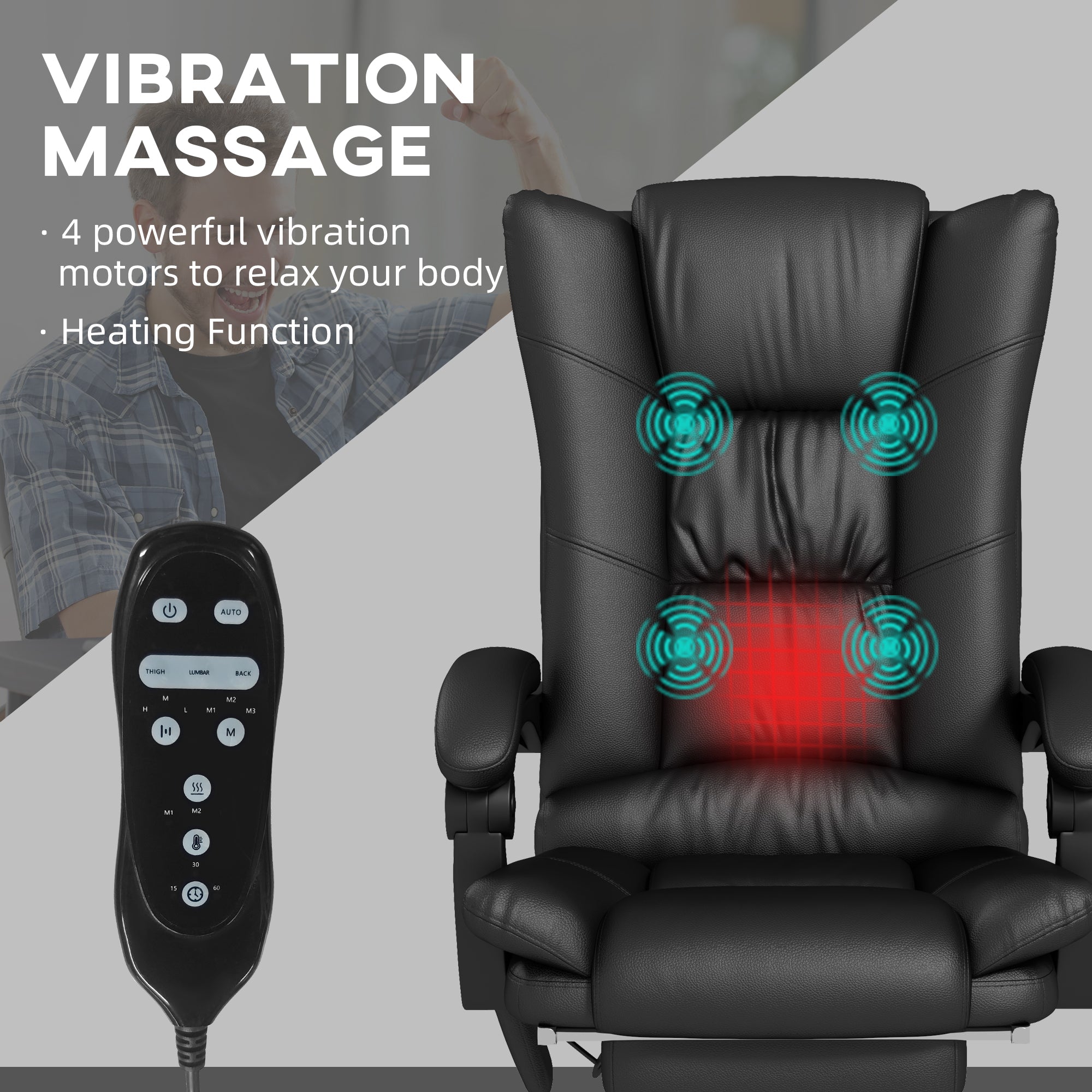 High Back Vibration Massage Office Chair, Heated Reclining PU Leather Computer Chair with 135° Reclining Back and Footrest, Black
