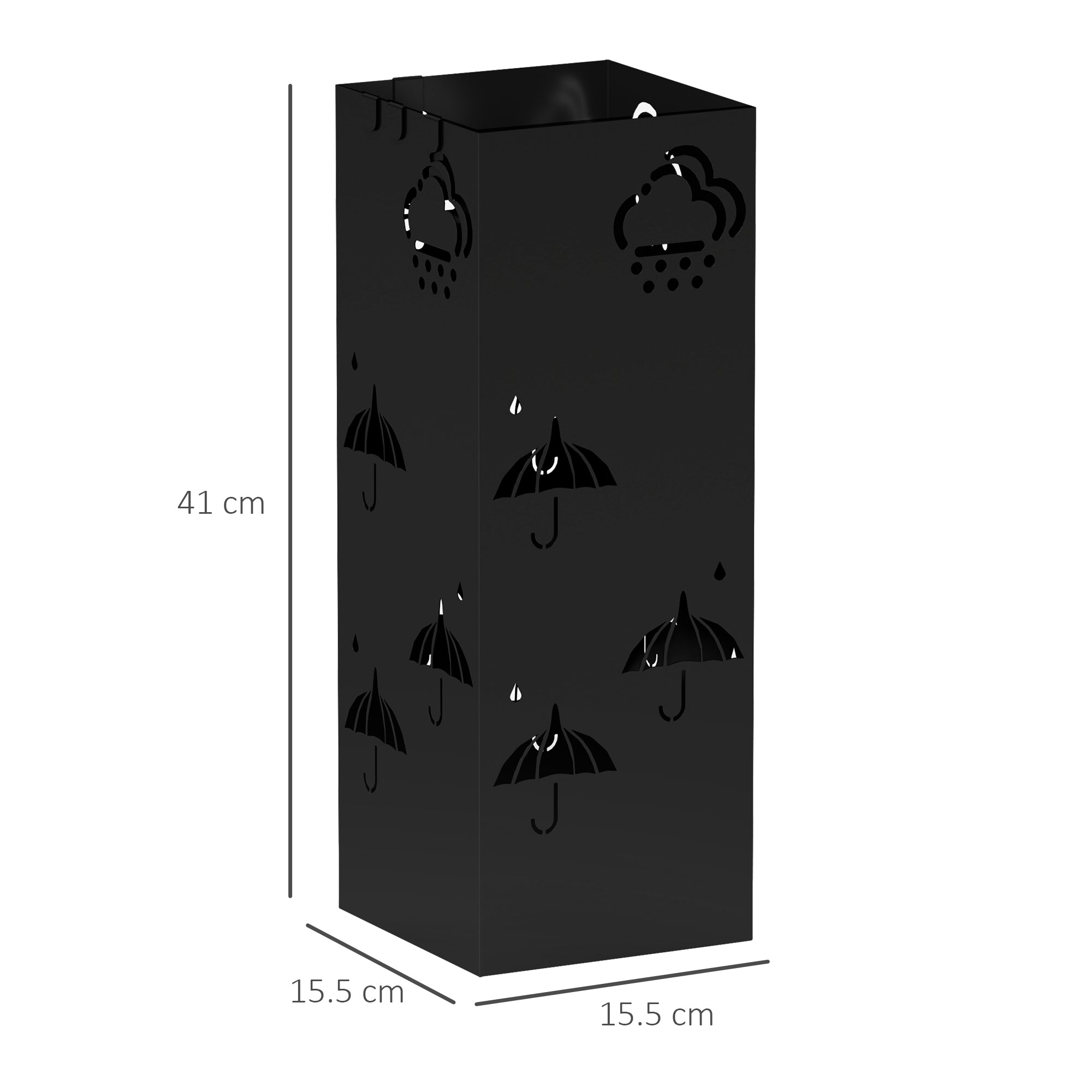 Metal Square Umbrella Stand with 4 Hooks & Removable Drip Tray 15.5x15.5x41 cm - Black
