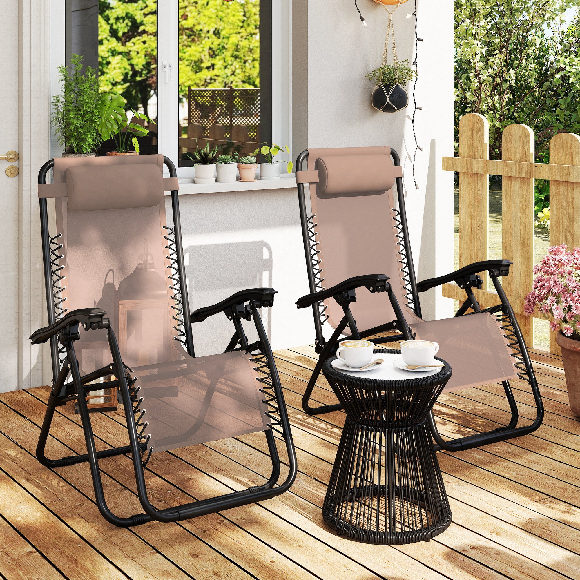 Zero Gravity Chair Set of 2, Metal Frame Texteline Armchair Outdoor Folding and Reclining Sun Lounger with Head Pillow for Patio Decking Gardens Camping, Beige