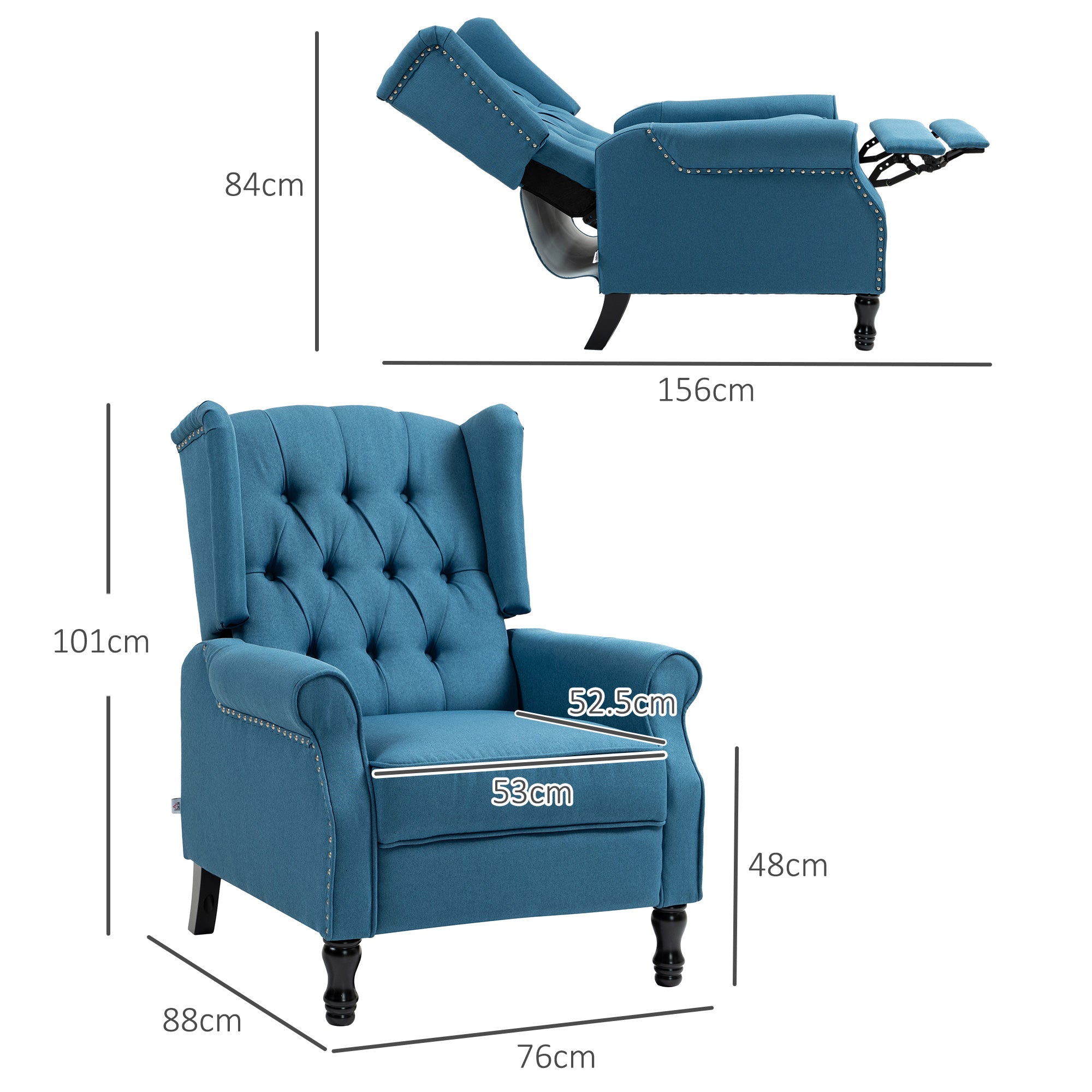 150° Reclining Vintage Armchair, with footrest - Blue