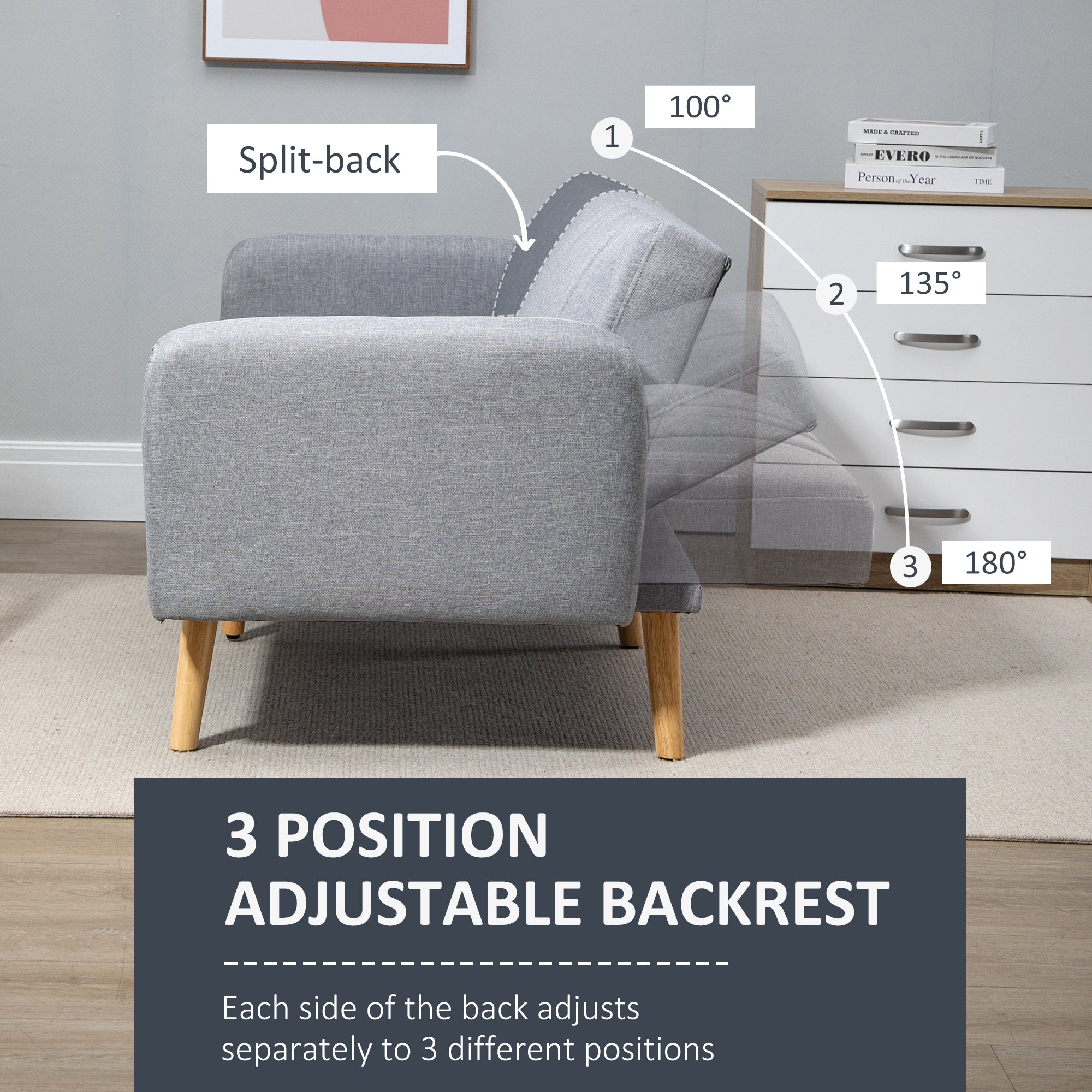 Three-Seater Sofa Bed, with Split Back - Light Grey