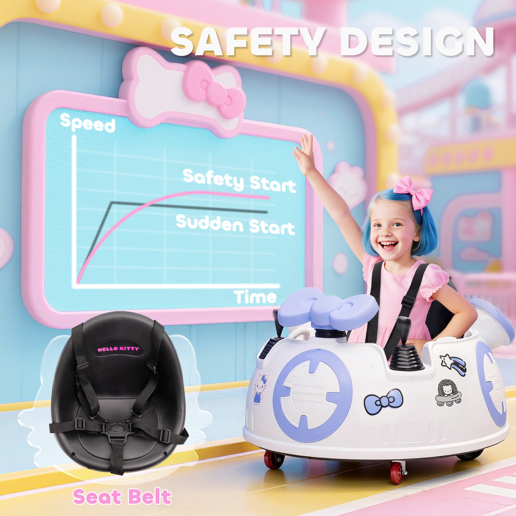 Hello Kitty Kids Ride on Bumper Car with Remote Control, Two Joysticks, Music, Lights, Safety Belt, White