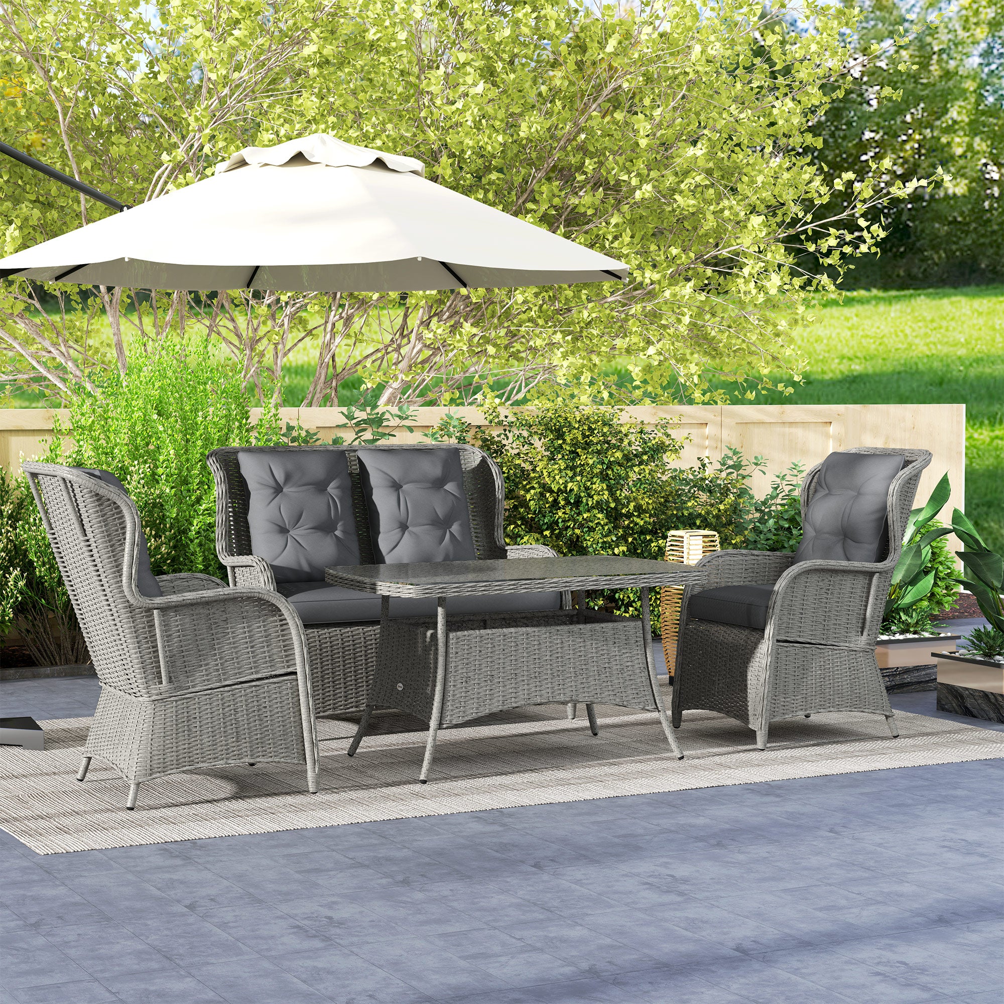 4 Piece PE Rattan Garden Dining Sofa Set with Cushions - Light Grey