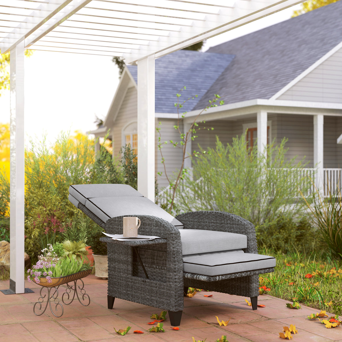 Outdoor Recliner Chair with Adjustable Backrest, Footrest, Cushion & Side Tray - Light Grey