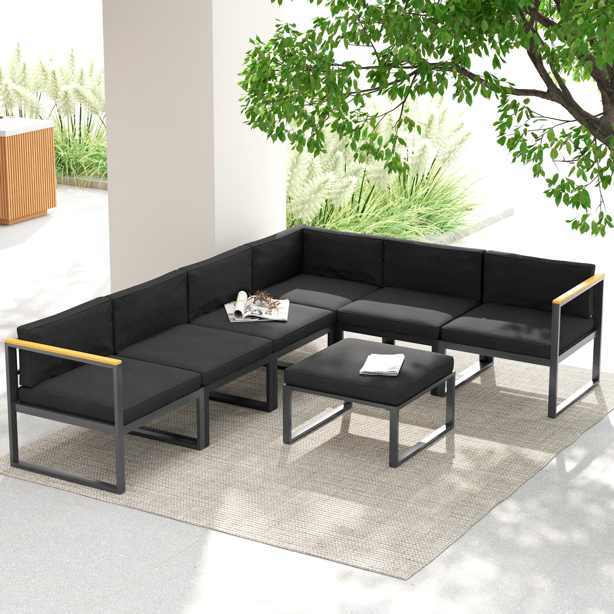 Set of 14 Outdoor Dining Chair Cushions with Soft Polyester Covers - Black