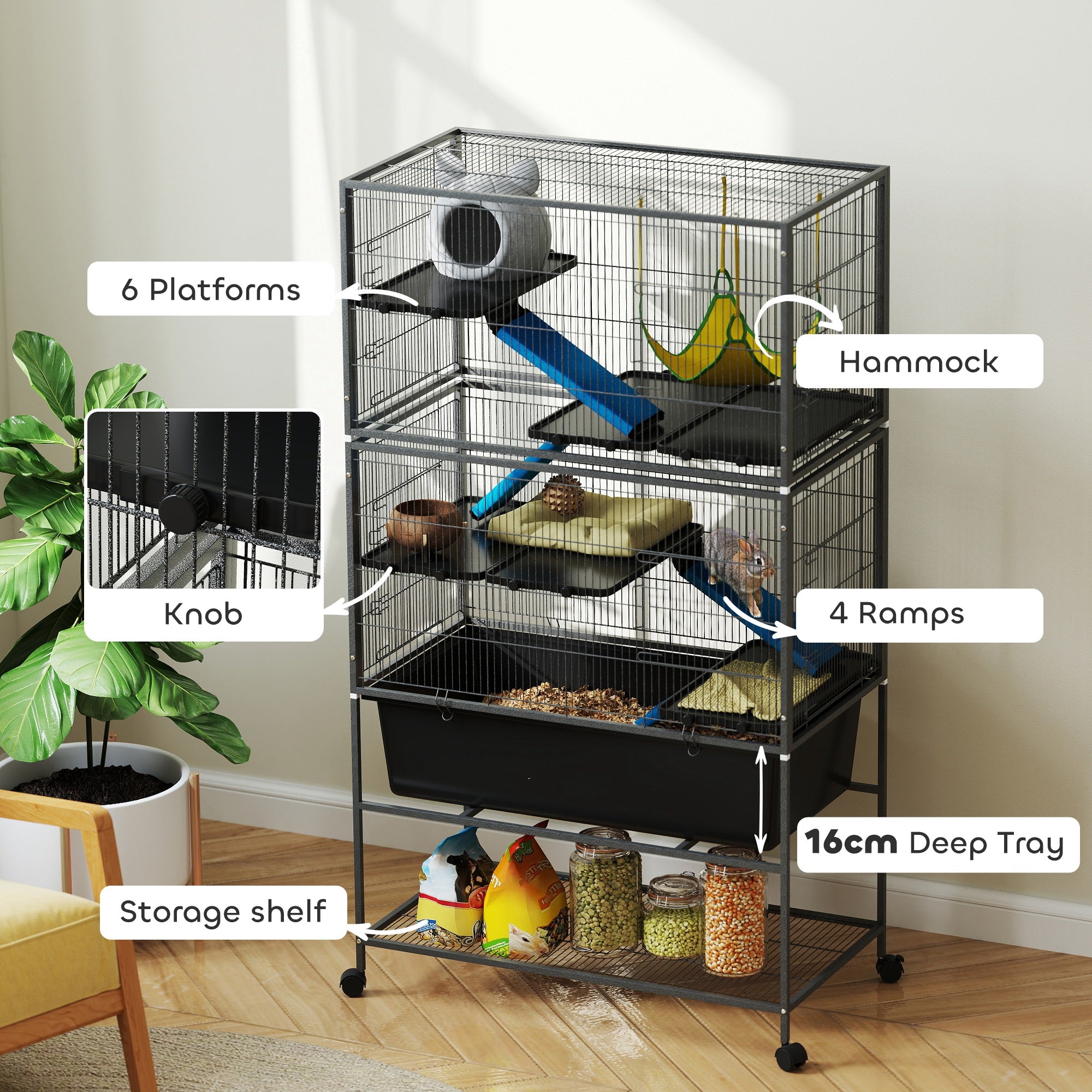 5-Level Rolling Small Animal Cage with Non-Slip Ramps & Slide-Out Tray - Dark Grey