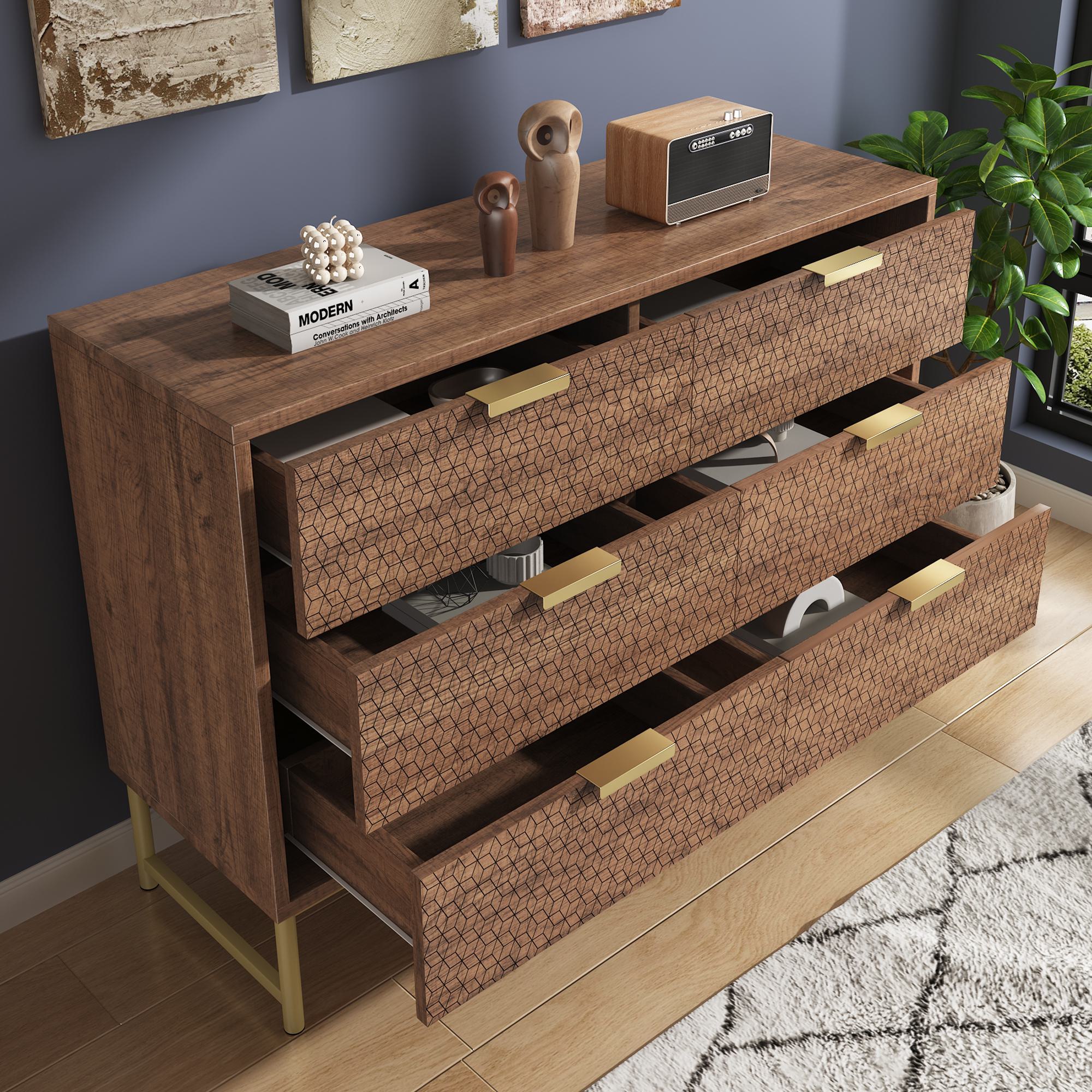 Embossed Design Sideboard Cabinet Dresser with 6 Drawers, Anti-tip, Storage Cabinet for Hallway, 120L x 40W x 75H cm, Walnut