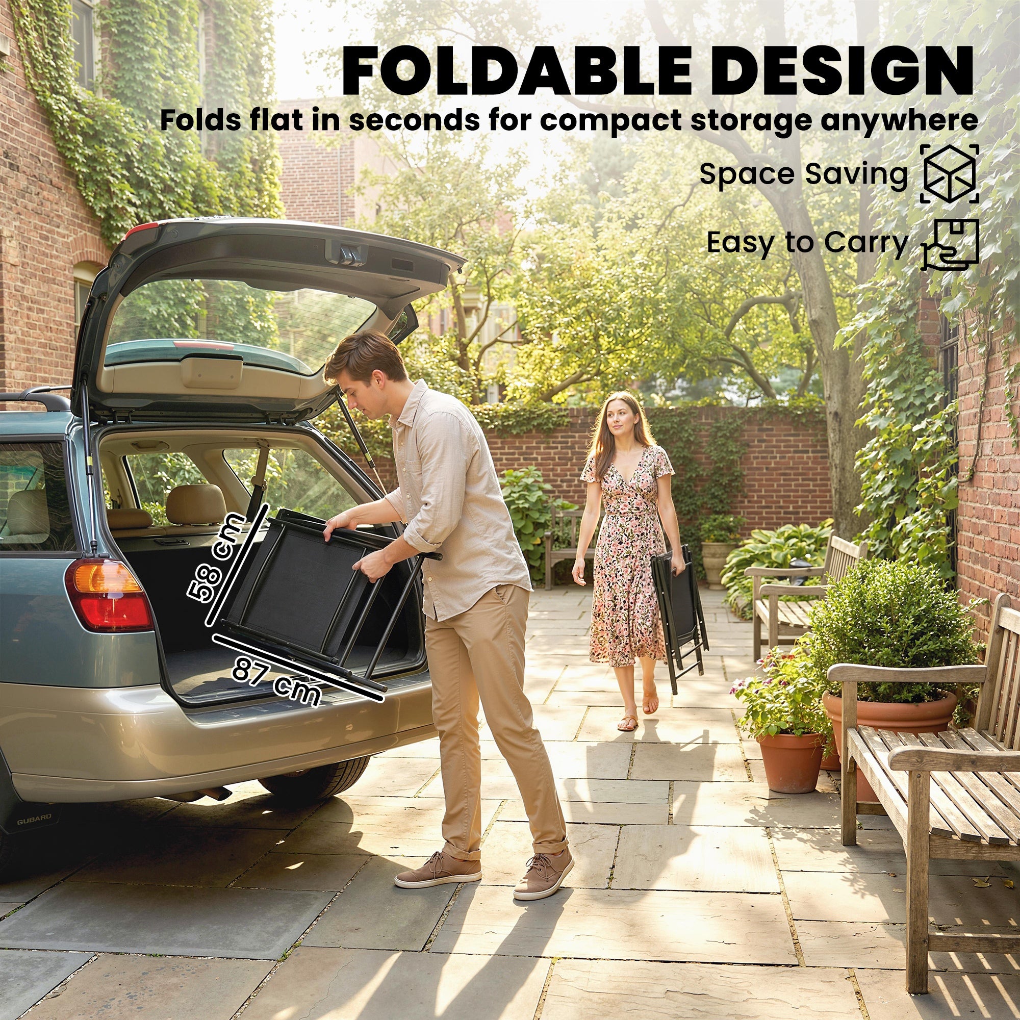 Folding Garden Chairs Set of 4, Foldable Garden Dining Chairs with High Back, Armrests, Texteline Seat, Black