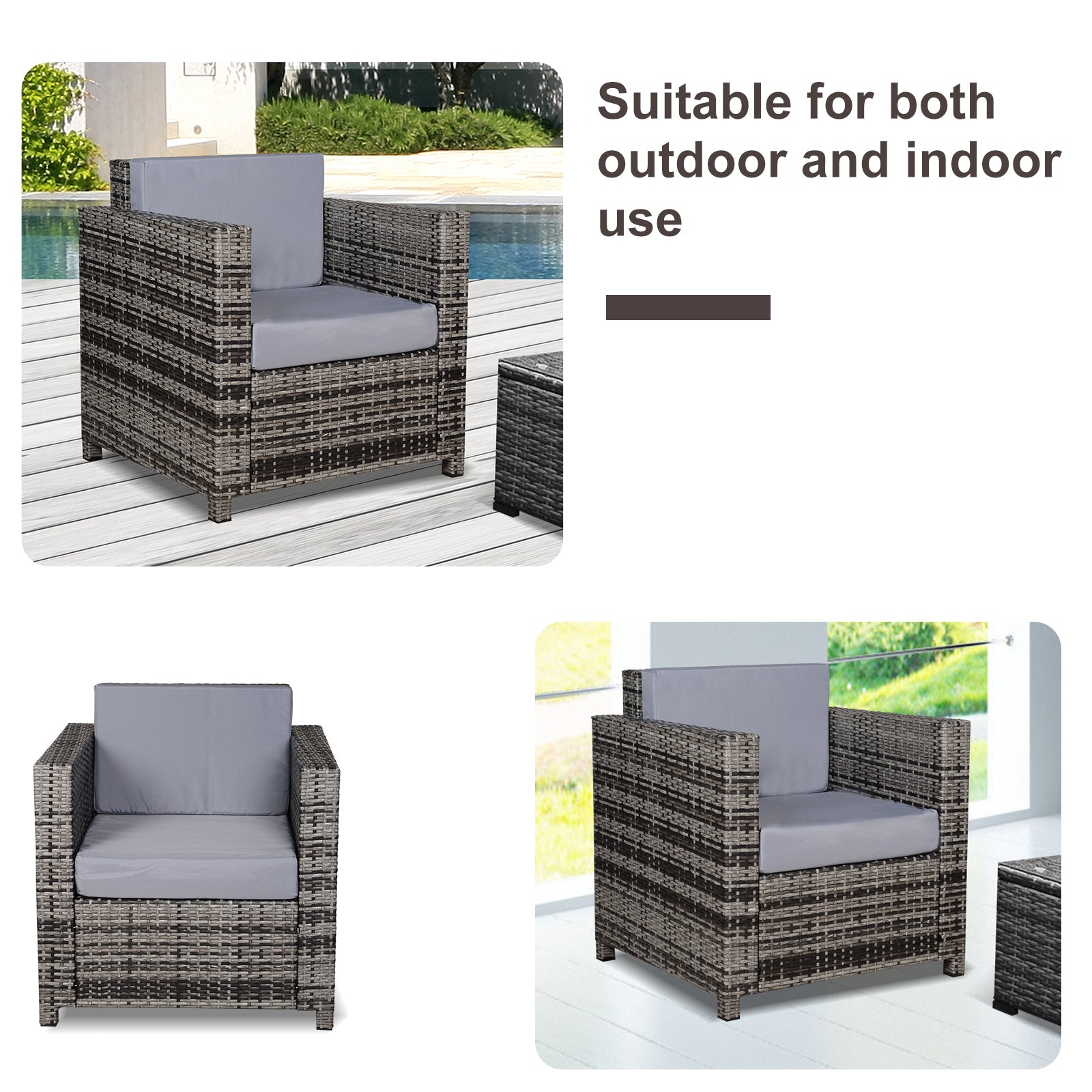 1 Seater Rattan Garden Chair All - Weather Wicker Weave Single Sofa Armchair with Fire Resistant Cushion - Grey - Bedzy UK modern and affordable home furniture England