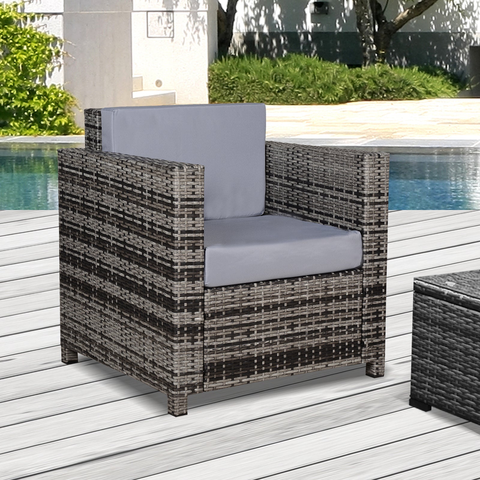 1 Seater Rattan Garden Chair All - Weather Wicker Weave Single Sofa Armchair with Fire Resistant Cushion - Grey - Bedzy UK modern and affordable home furniture England