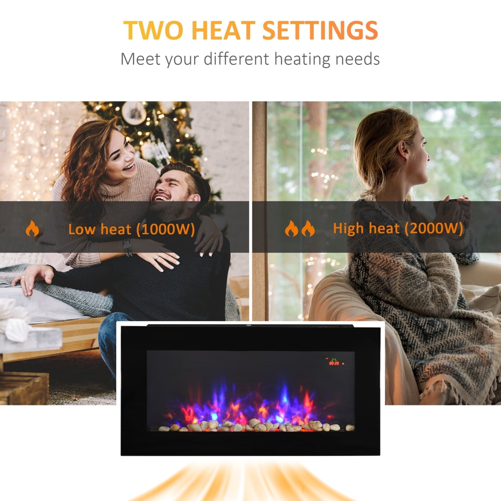 1000W/2000W LED Electric Fireplace w/ Automatic Function Remote Faux Flame Wall Home Heater Backlight Timer Sleek Stylish - Bedzy UK modern and affordable home furniture England