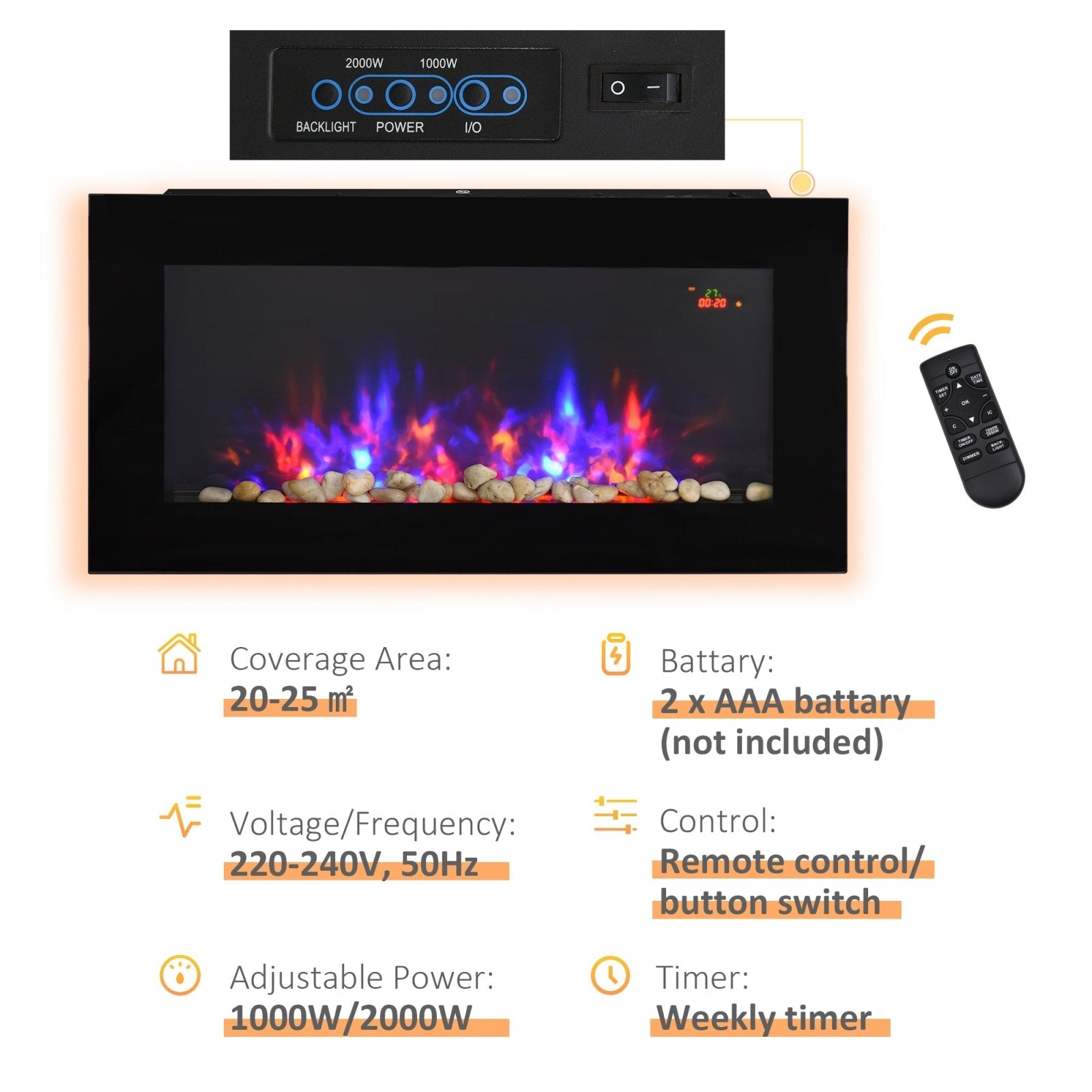 1000W/2000W LED Electric Fireplace w/ Automatic Function Remote Faux Flame Wall Home Heater Backlight Timer Sleek Stylish - Bedzy UK modern and affordable home furniture England