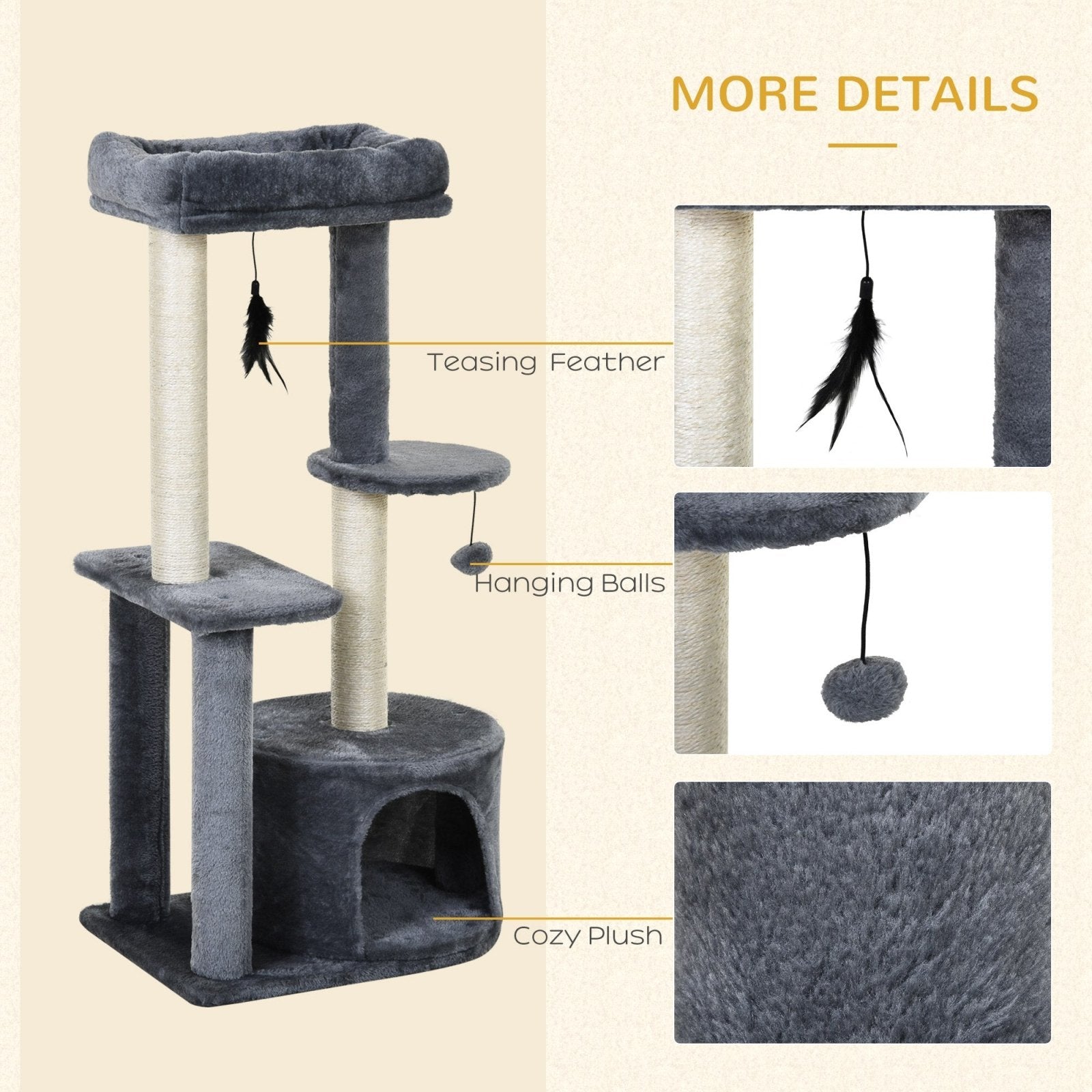 100cm Cat Tree for Indoor Cats, Multi - Activity Cat Tower with Perch House Scratching Post Platform Play Ball Rest Relax, Grey and White - Bedzy UK modern and affordable home furniture England