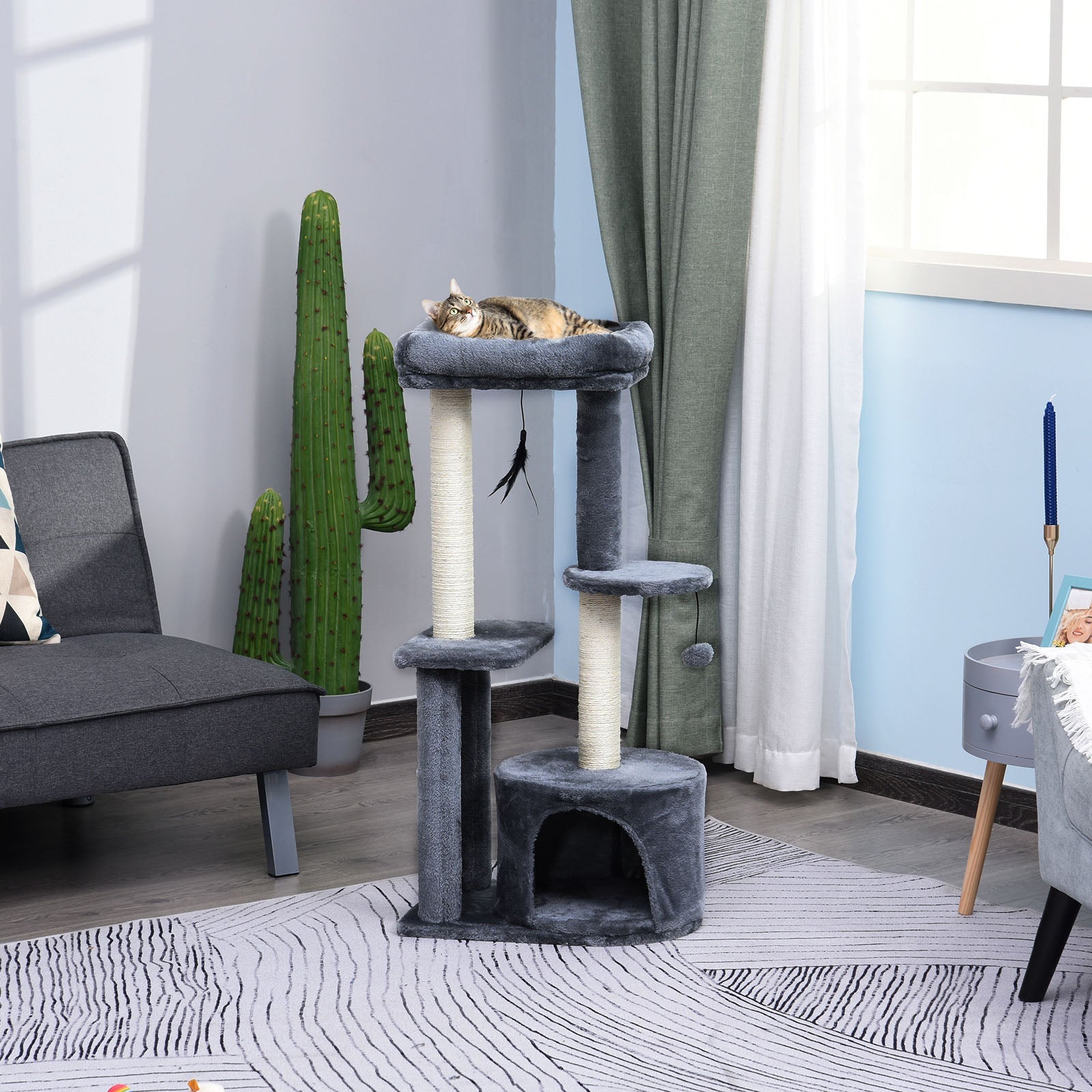 100cm Cat Tree for Indoor Cats, Multi - Activity Cat Tower with Perch House Scratching Post Platform Play Ball Rest Relax, Grey and White - Bedzy UK modern and affordable home furniture England