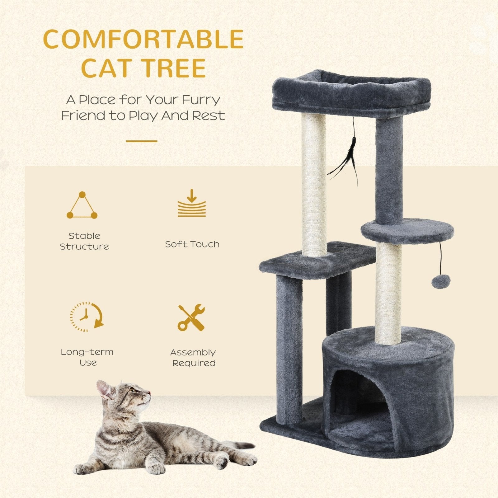 100cm Cat Tree for Indoor Cats, Multi - Activity Cat Tower with Perch House Scratching Post Platform Play Ball Rest Relax, Grey and White - Bedzy UK modern and affordable home furniture England