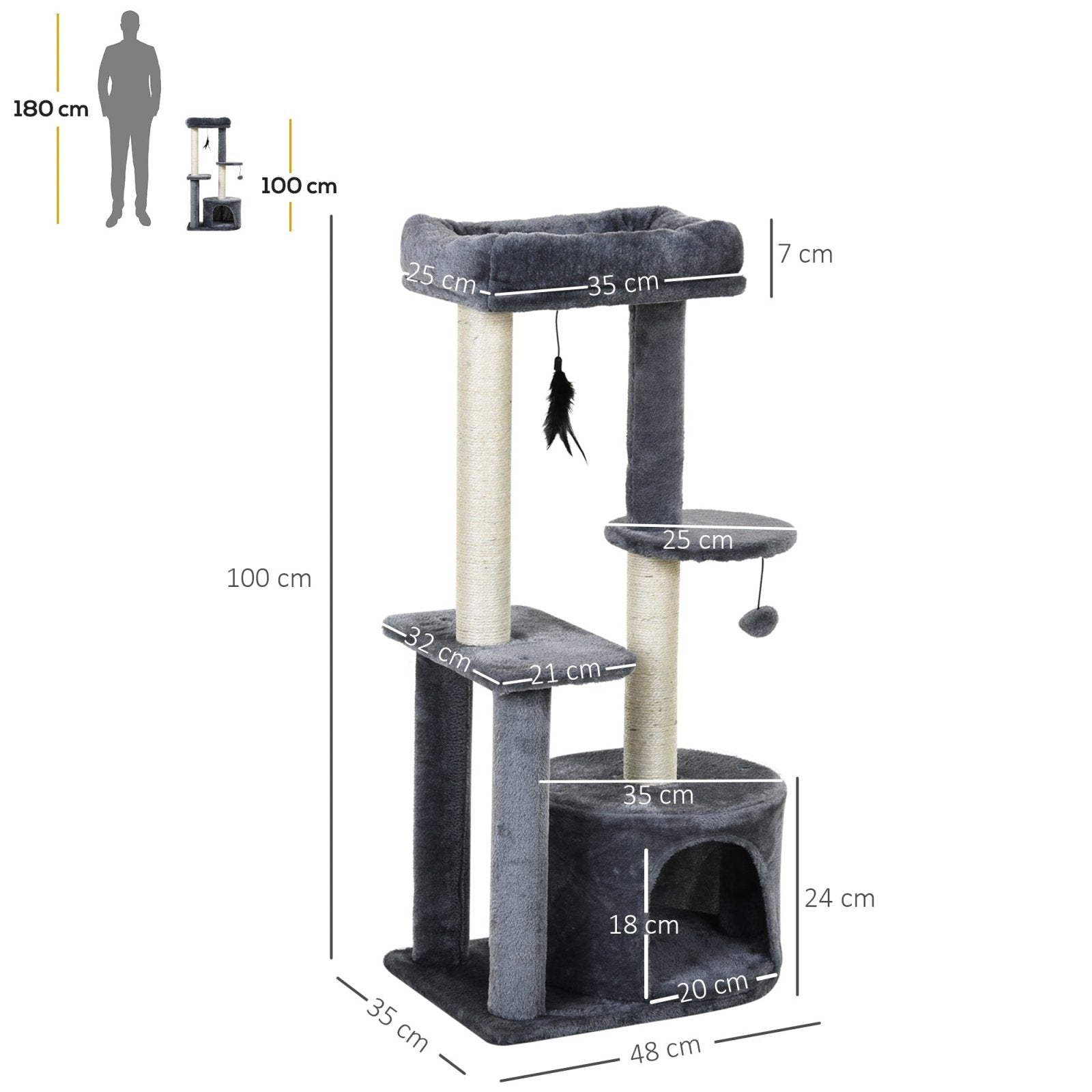 100cm Cat Tree for Indoor Cats, Multi - Activity Cat Tower with Perch House Scratching Post Platform Play Ball Rest Relax, Grey and White - Bedzy UK modern and affordable home furniture England