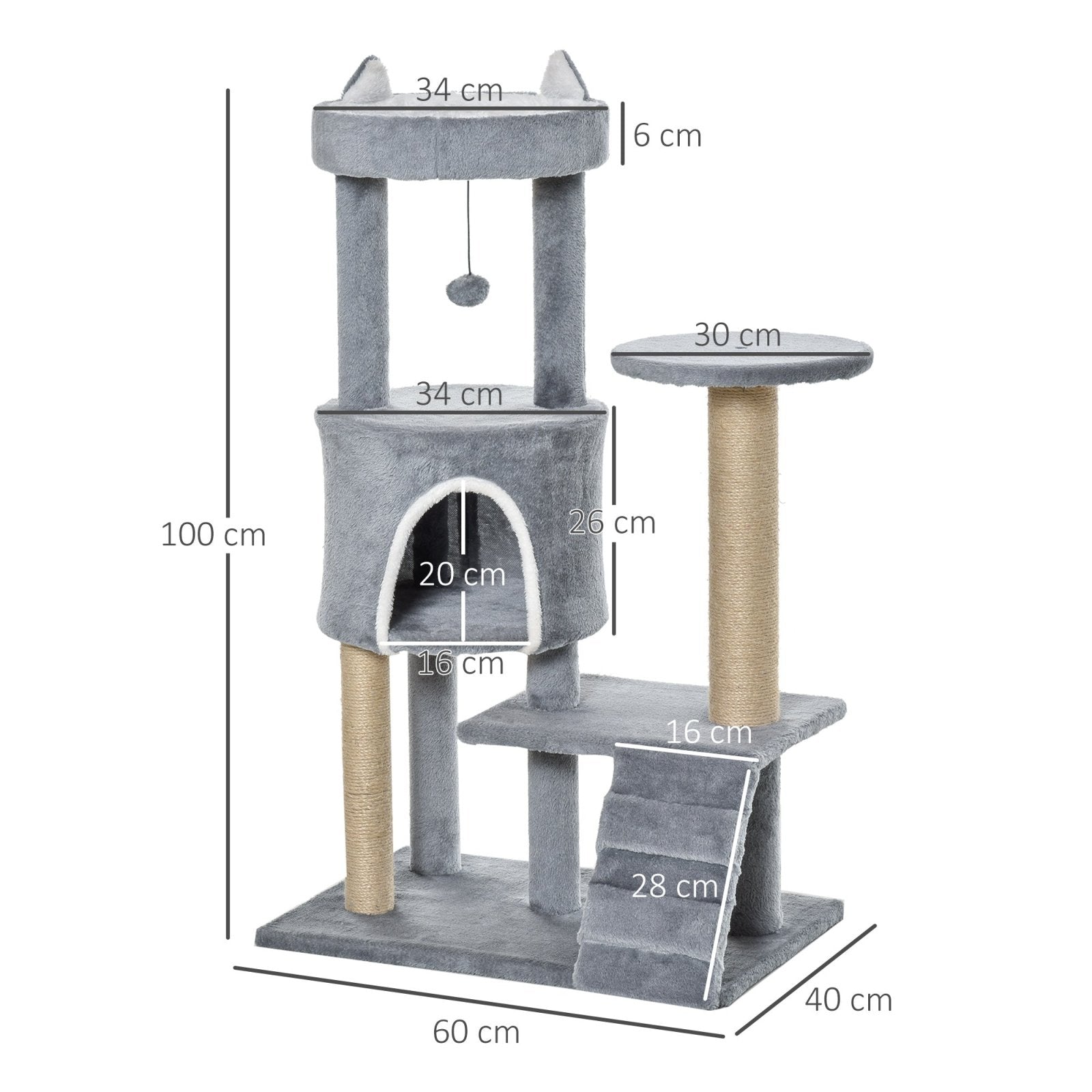 100cm Cat Tree Tower Condo Multi Platform Kitty Cat Center with Climbing Ladder Scratching Post Hanging Toy Ball, Light Grey - Bedzy UK modern and affordable home furniture England