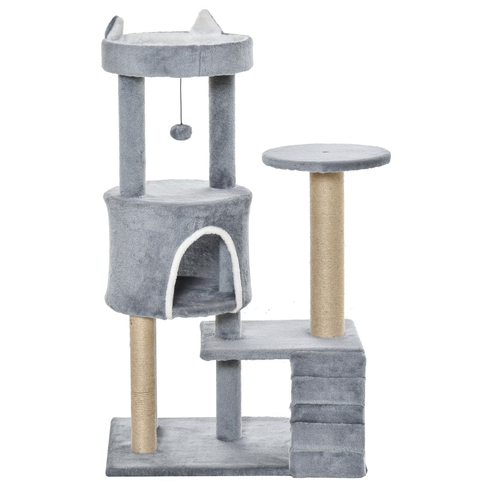 100cm Cat Tree Tower Condo Multi Platform Kitty Cat Center with Climbing Ladder Scratching Post Hanging Toy Ball, Light Grey - Bedzy UK modern and affordable home furniture England