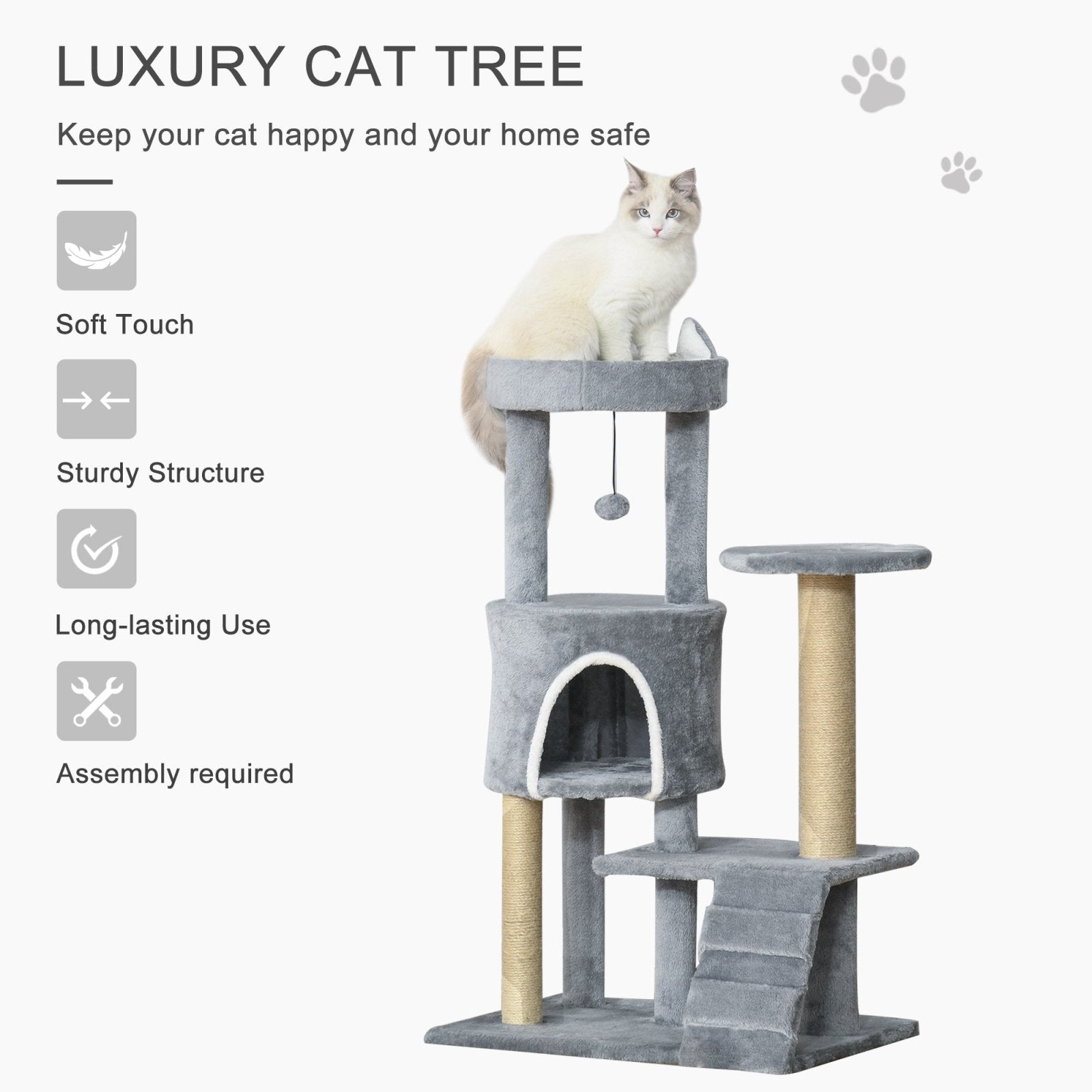 100cm Cat Tree Tower Condo Multi Platform Kitty Cat Center with Climbing Ladder Scratching Post Hanging Toy Ball, Light Grey - Bedzy UK modern and affordable home furniture England