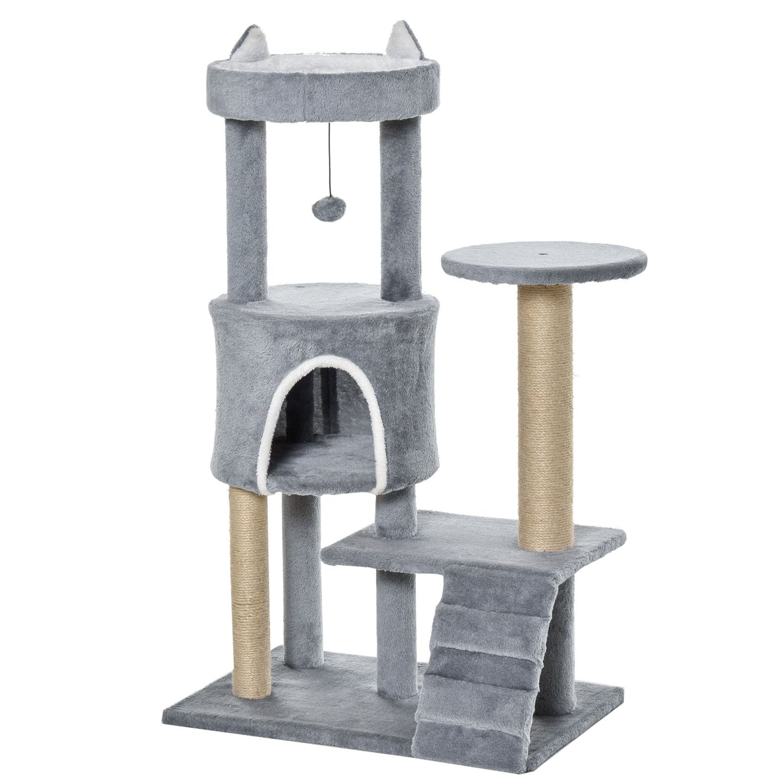 100cm Cat Tree Tower Condo Multi Platform Kitty Cat Center with Climbing Ladder Scratching Post Hanging Toy Ball, Light Grey - Bedzy UK modern and affordable home furniture England