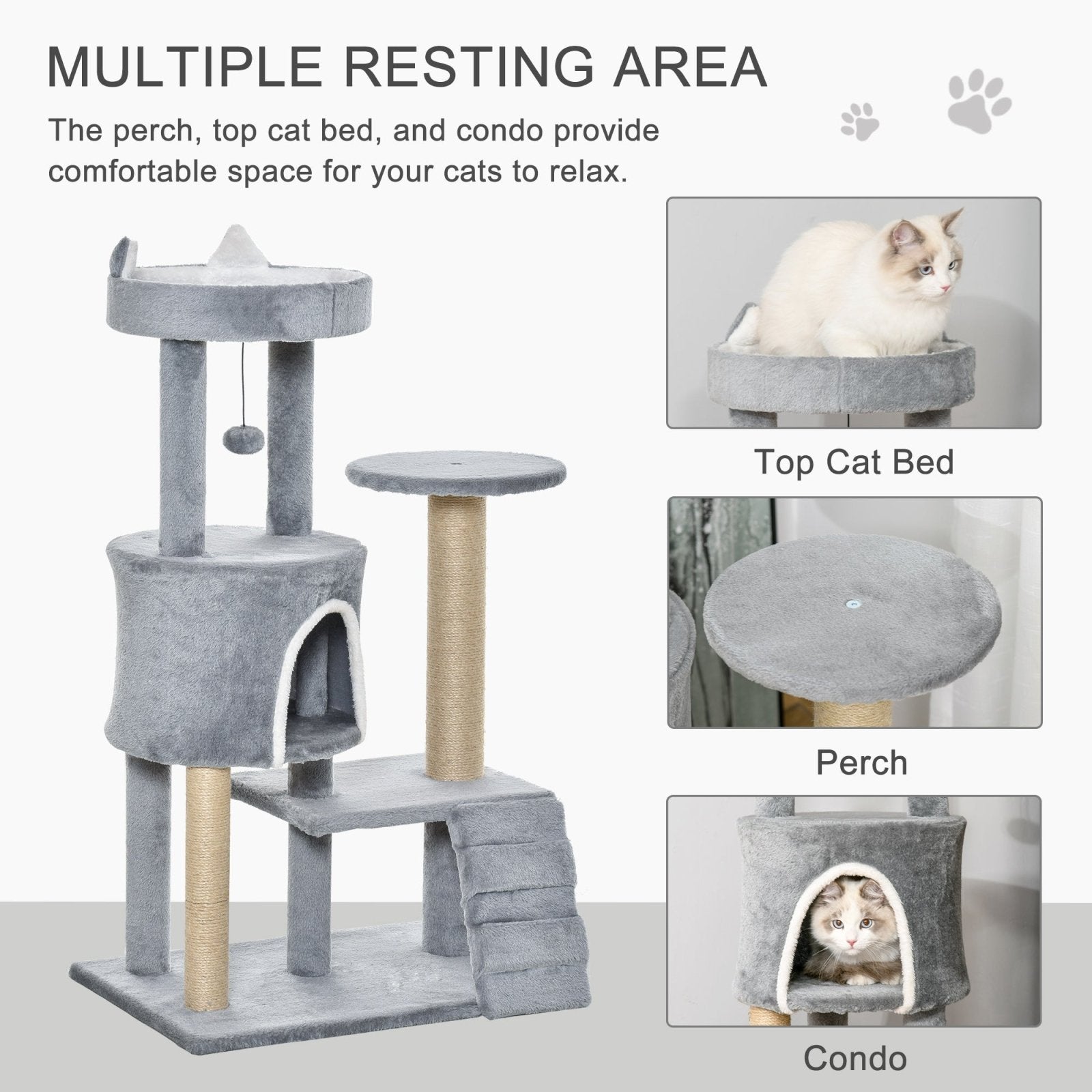 100cm Cat Tree Tower Condo Multi Platform Kitty Cat Center with Climbing Ladder Scratching Post Hanging Toy Ball, Light Grey - Bedzy UK modern and affordable home furniture England