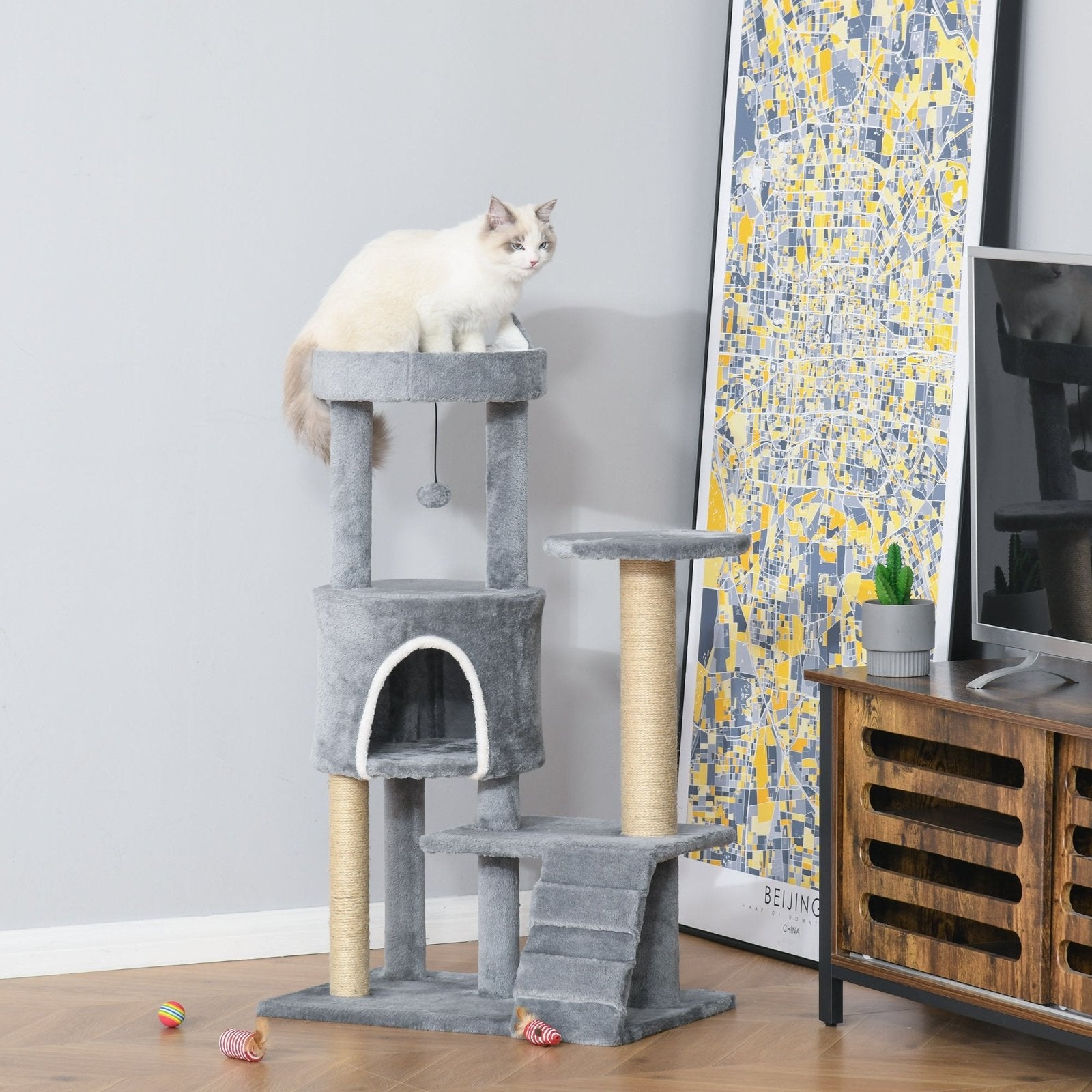 100cm Cat Tree Tower Condo Multi Platform Kitty Cat Center with Climbing Ladder Scratching Post Hanging Toy Ball, Light Grey - Bedzy UK modern and affordable home furniture England