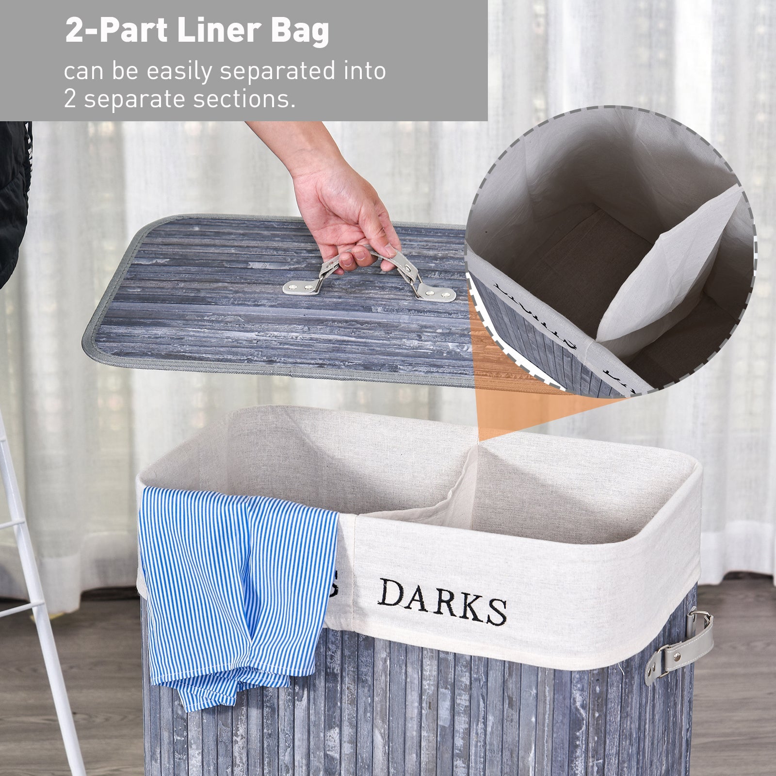 100L Collapsible Natural Wood Laundry Hamper Organizer Clothes Washing Basket Bin Storage Box w/Lid Removable Lining 52x32x63cm, Grey - Bedzy UK modern and affordable home furniture England