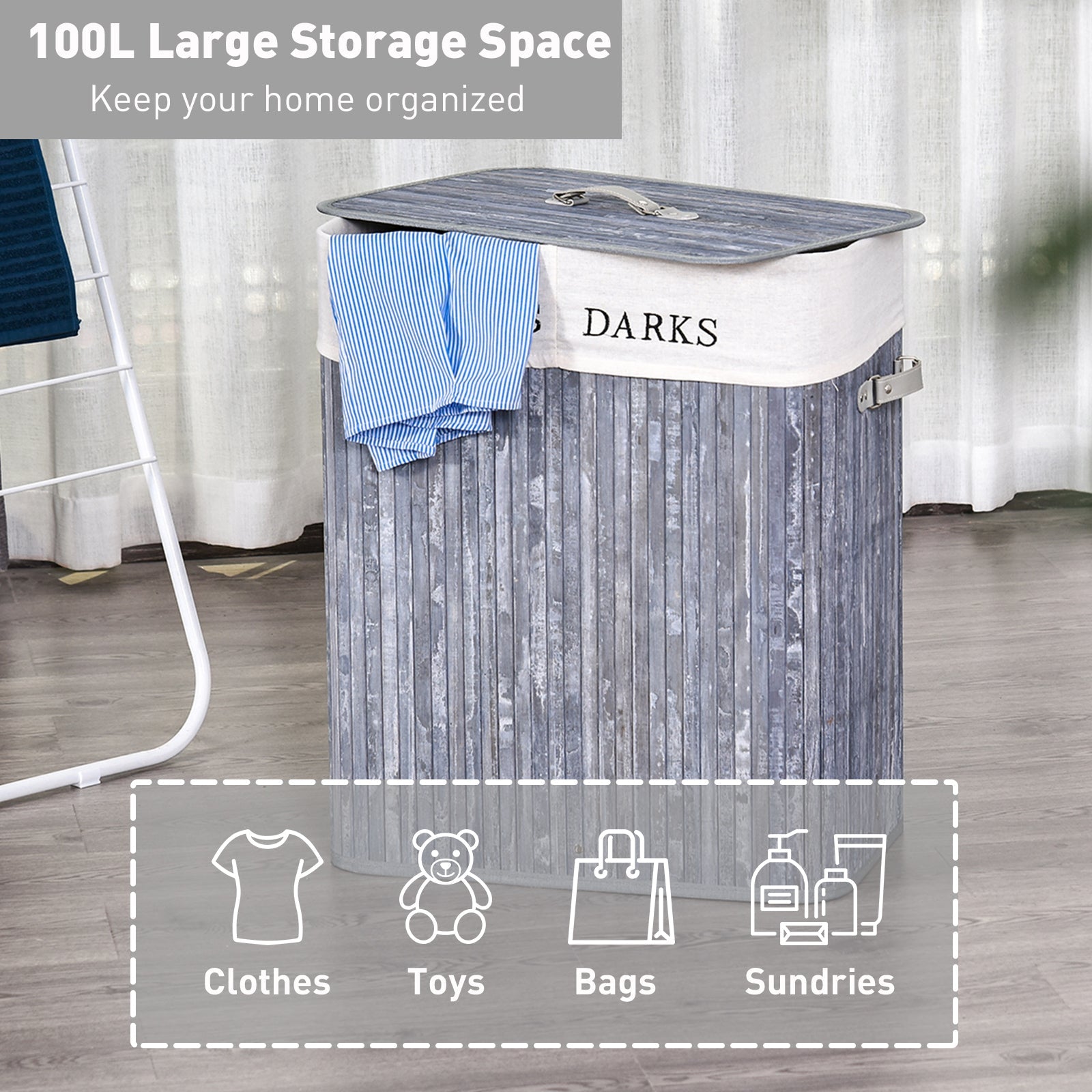 100L Collapsible Natural Wood Laundry Hamper Organizer Clothes Washing Basket Bin Storage Box w/Lid Removable Lining 52x32x63cm, Grey - Bedzy UK modern and affordable home furniture England