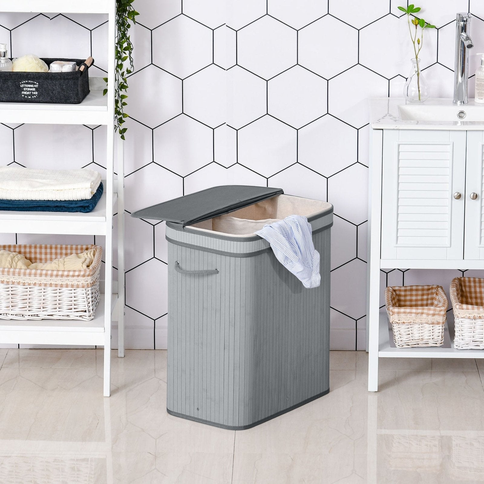 100L Natural Wood Laundry Basket One Compartment w/Flip Lid Removable Lining Handles Board Base Durable Water - Resistant Dirty Clothes Grey - Bedzy UK modern and affordable home furniture England