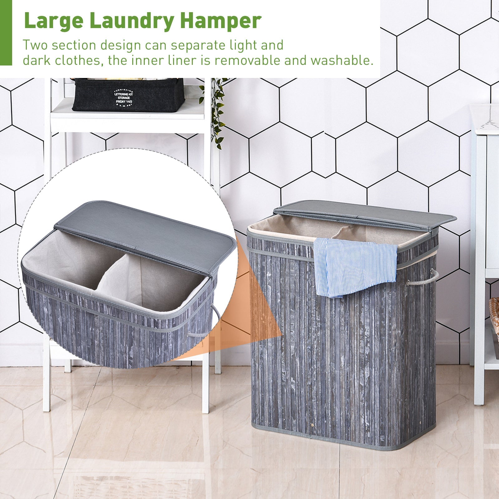 100L Wooden Laundry Basket w/ Split Compartment Lid Removable Lining Handles Air Holes Ventilation Durable Water - Resistant Clothes Storage Grey - Bedzy UK modern and affordable home furniture England