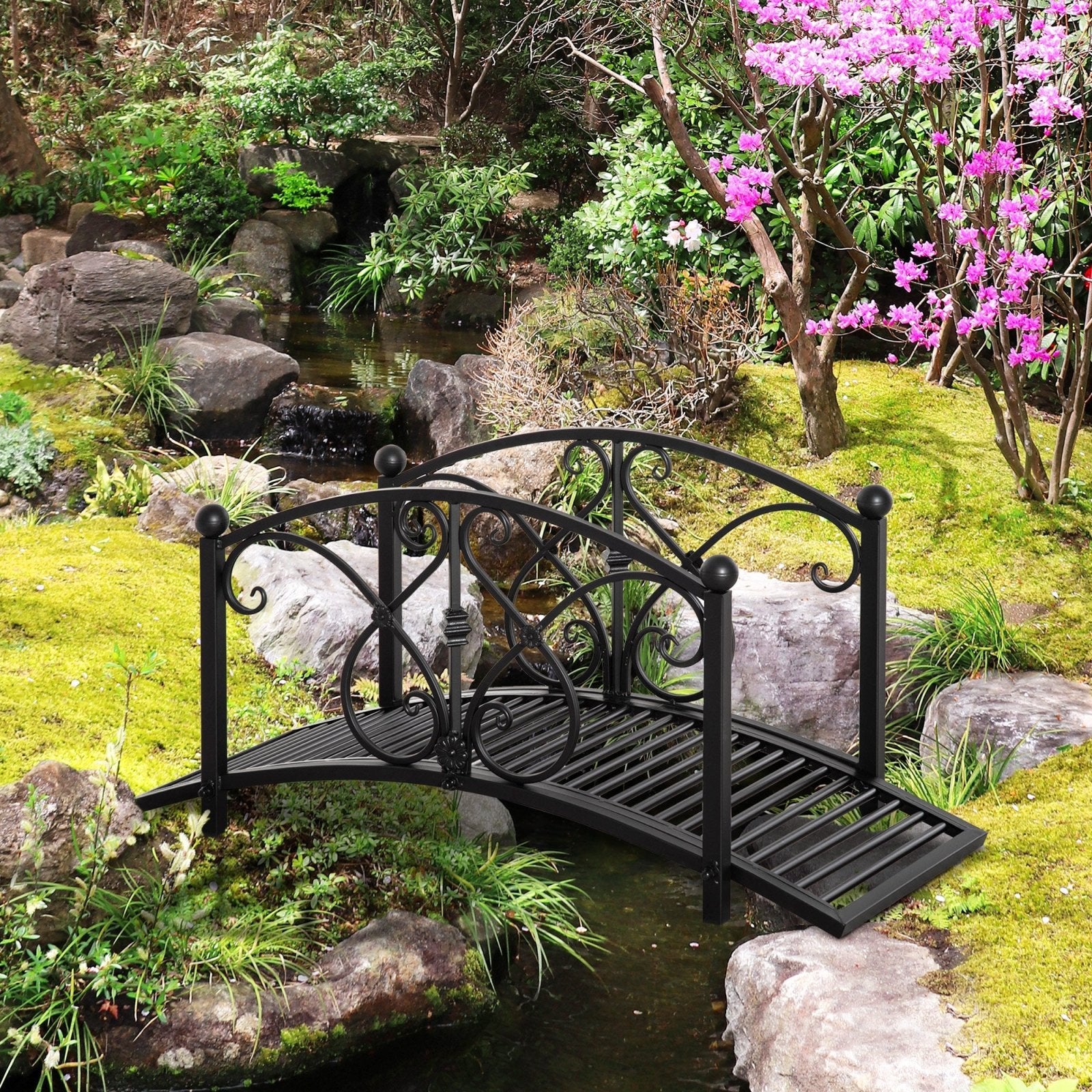 102L x 48W x 49H Classic Metal Garden Bridge with Safety Railings Arc Footbridge Decorative Pond for Backyard Creek Stream, Black - Bedzy UK modern and affordable home furniture England