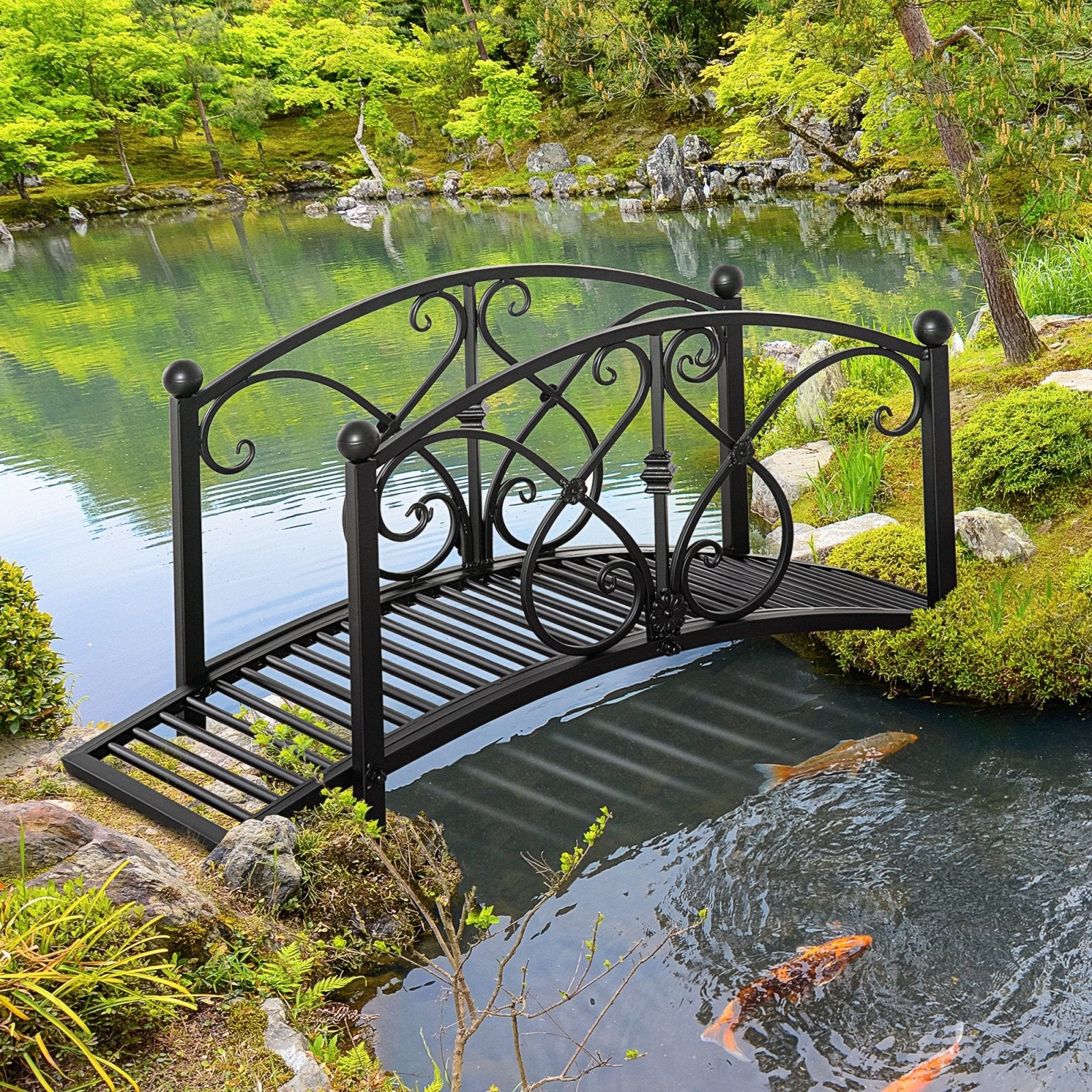 102L x 48W x 49H Classic Metal Garden Bridge with Safety Railings Arc Footbridge Decorative Pond for Backyard Creek Stream, Black - Bedzy UK modern and affordable home furniture England