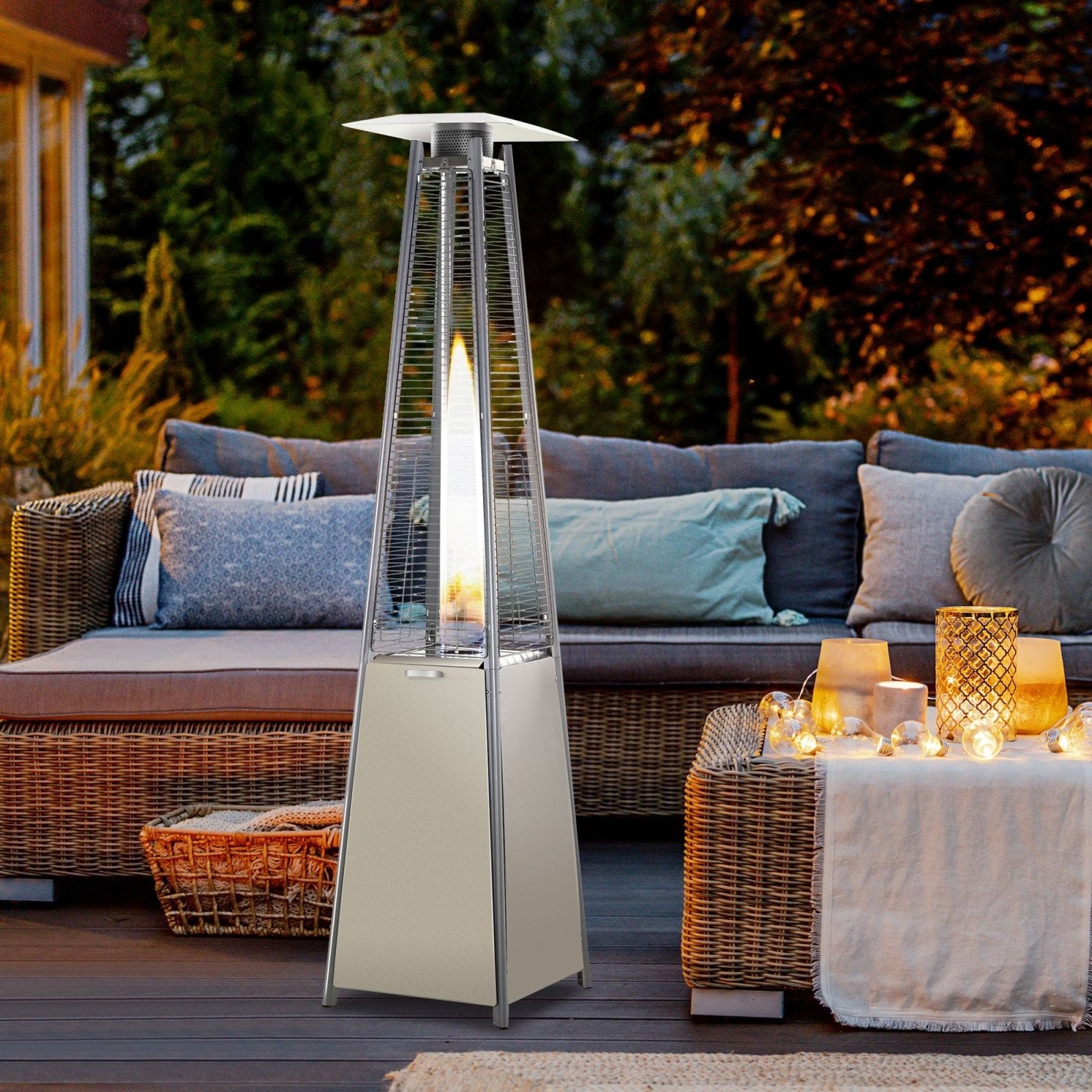 10.5KW Stainless Steel Outdoor Garden Patio Pyramid Heating Propane Gas Real Flame Heater Warmer Glass Tube w/ Wheels and Rain Cover, Silver - Bedzy UK modern and affordable home furniture England