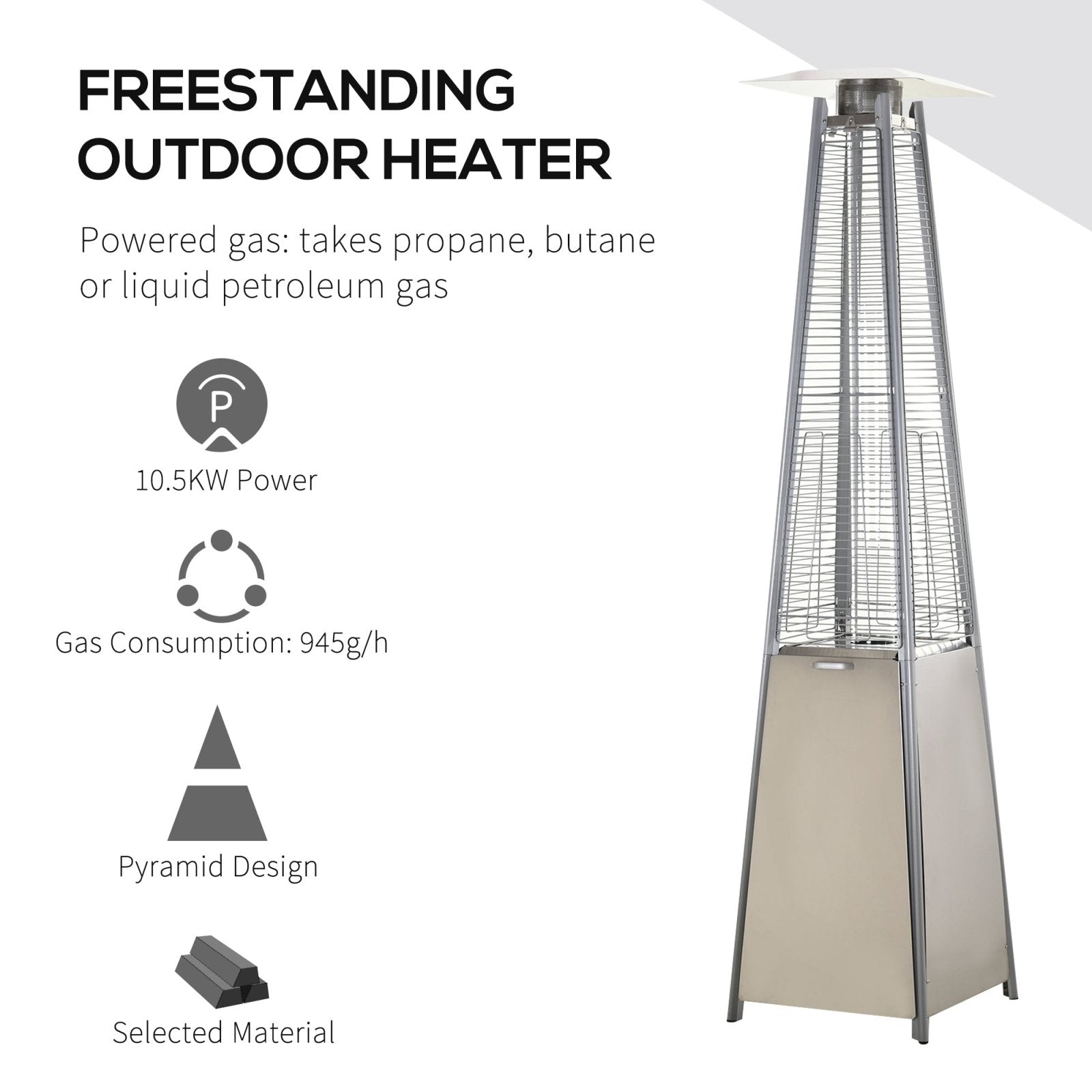 10.5KW Stainless Steel Outdoor Garden Patio Pyramid Heating Propane Gas Real Flame Heater Warmer Glass Tube w/ Wheels and Rain Cover, Silver - Bedzy UK modern and affordable home furniture England