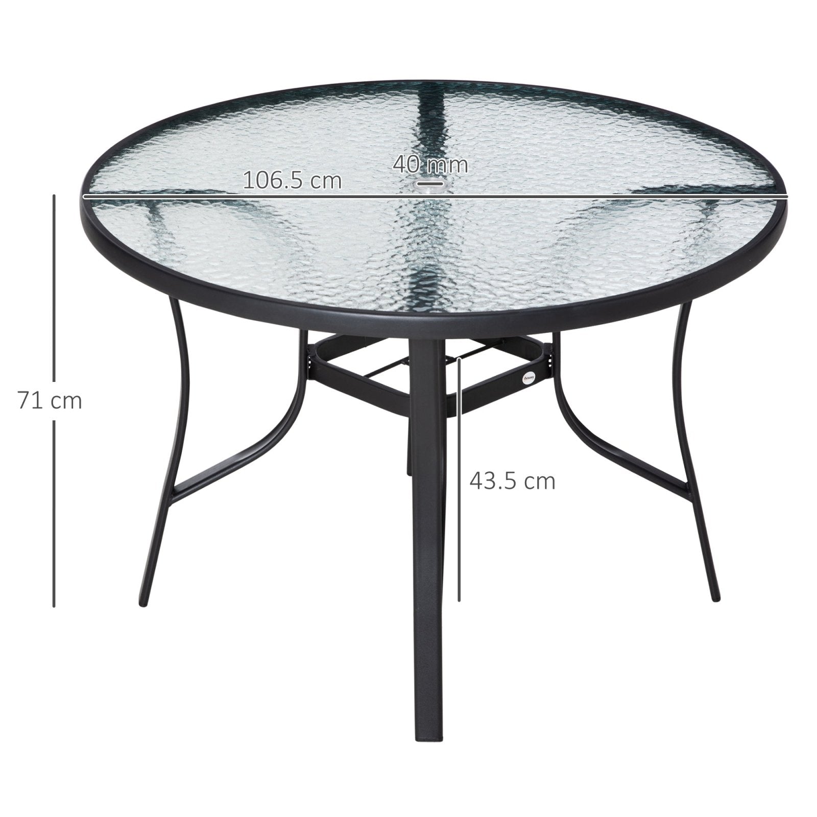 106cm Round Garden Dining Table with Parasol Hole Tempered Glass Top Steel Frame - Bedzy UK modern and affordable home furniture England