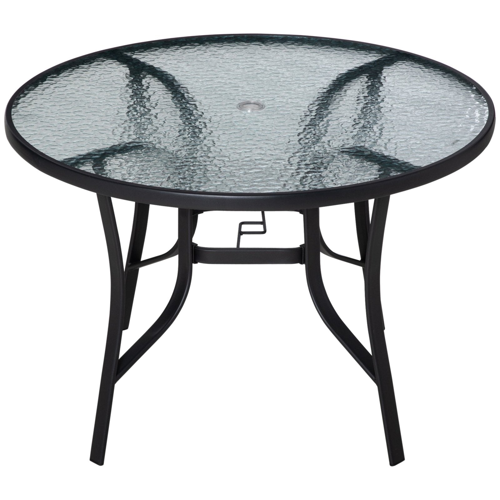 106cm Round Garden Dining Table with Parasol Hole Tempered Glass Top Steel Frame - Bedzy UK modern and affordable home furniture England