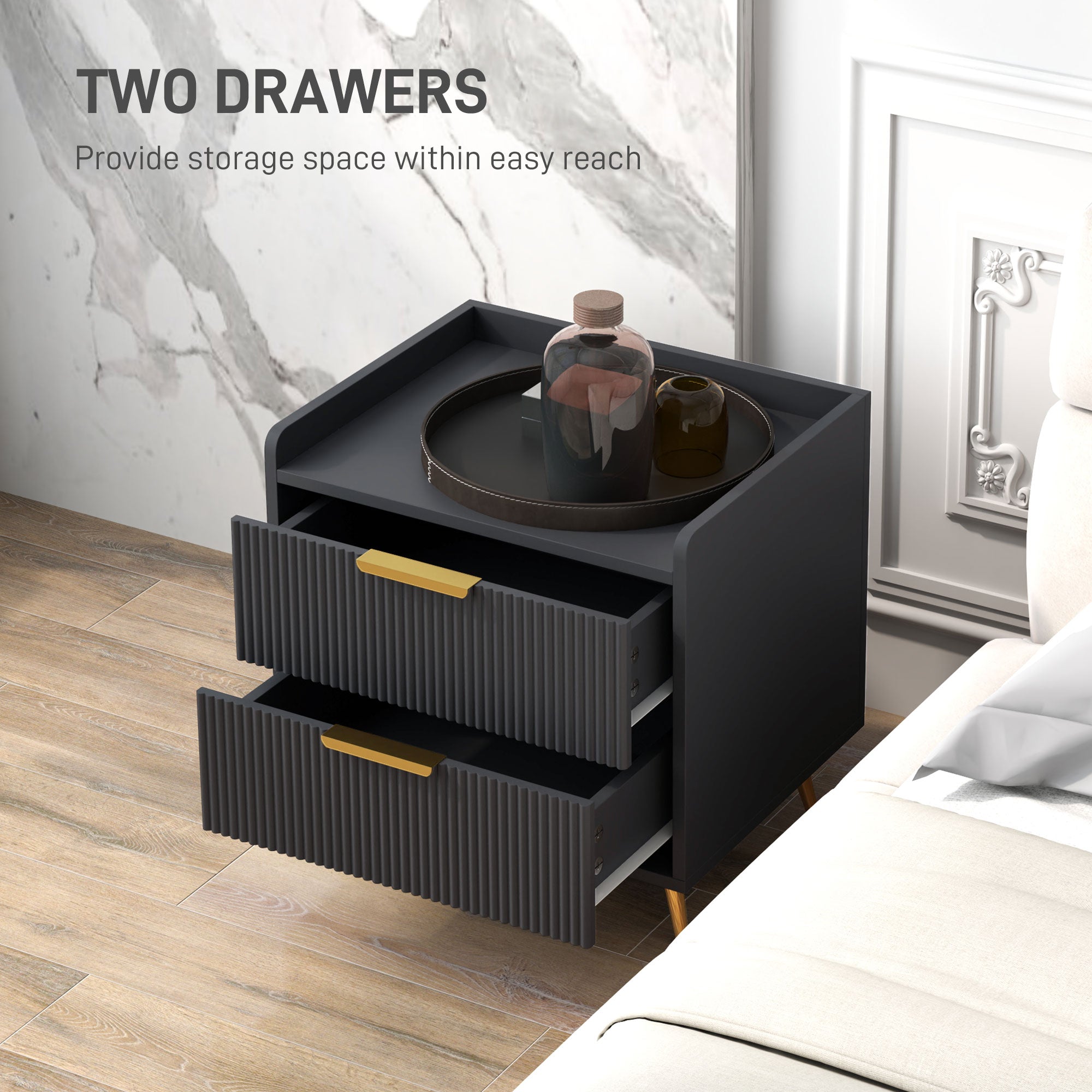 Elegant Two-Drawer Bedside Table with Gold Handles - Black