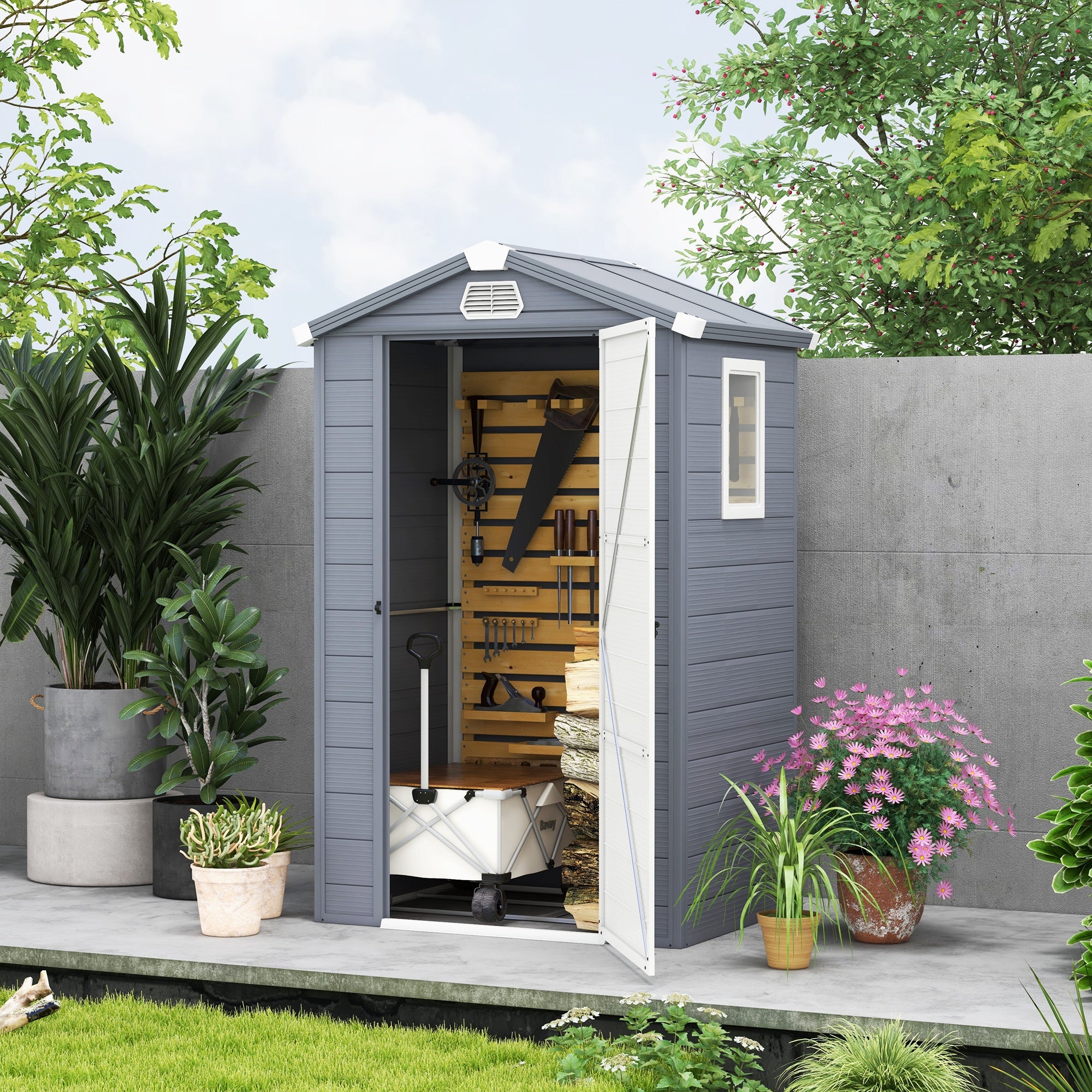 4.4ft x 3.3ft size Aluminium Frame and Plastic Wall Shed, with Foundation - Grey