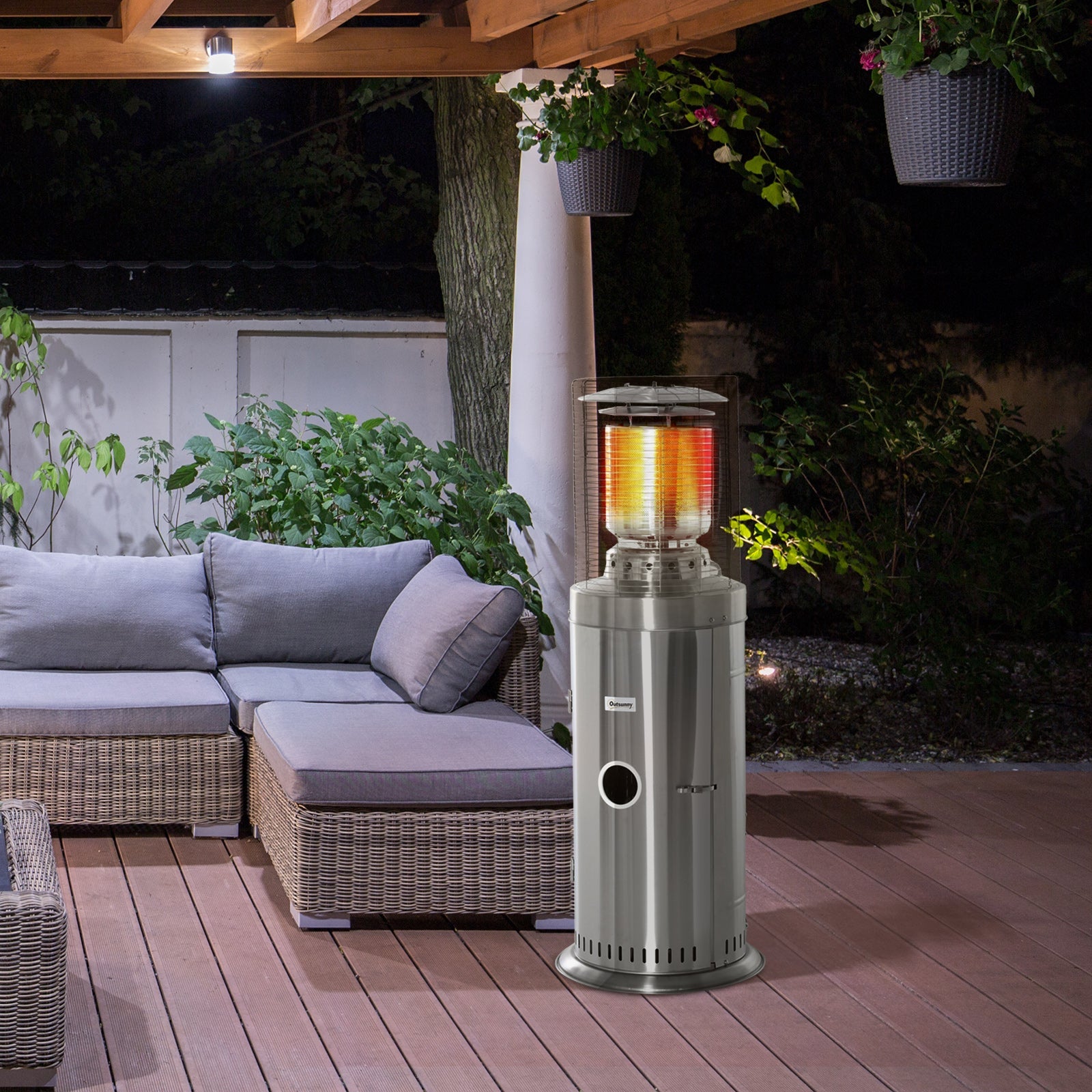 10KW Outdoor Gas Patio Heater Terrace Freestanding Bullet Style Heater with Wheels, Dust Cover, Regulator and Hose, Silver - Bedzy UK modern and affordable home furniture England