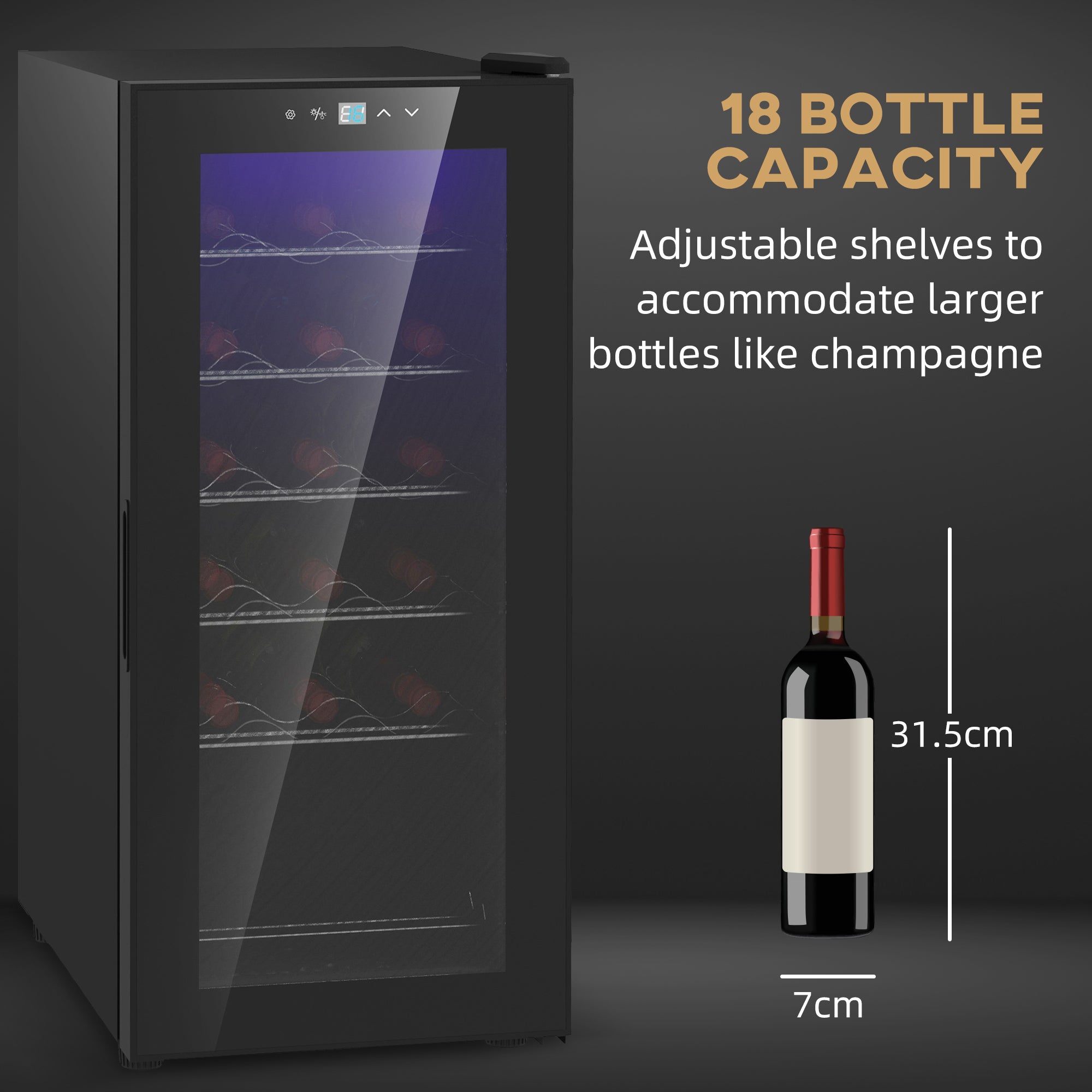 50L Wine Cooler, 18 Bottles Freestanding Wine Fridge with Glass Door, LED Light, Temperature Control and Digital Touch Screen, Black