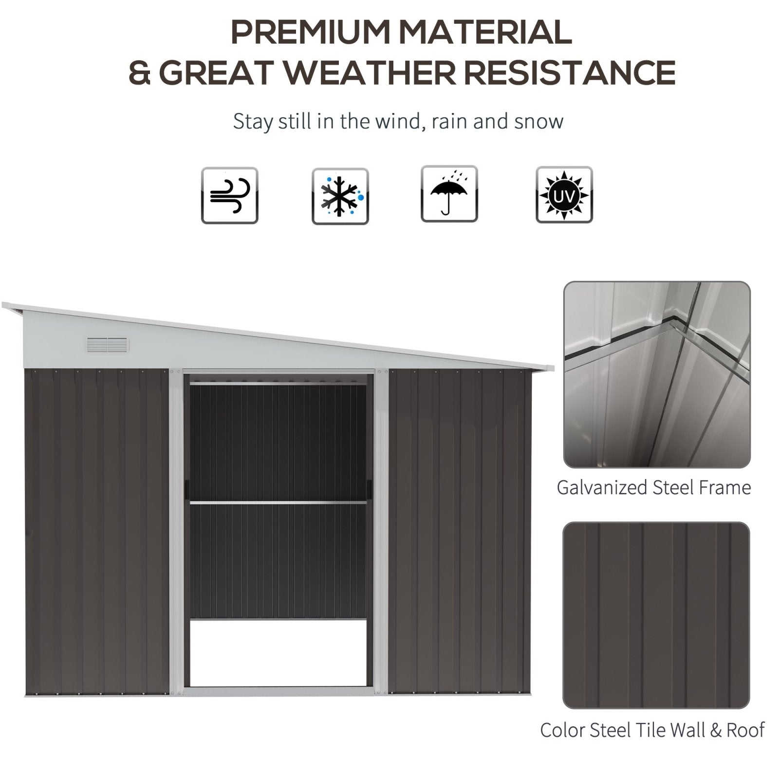 11 x 9 ft Metal Garden Storage Shed Sloped roof Tool House with Double Sliding Doors and 2 Air Vents, Grey - Bedzy UK modern and affordable home furniture England