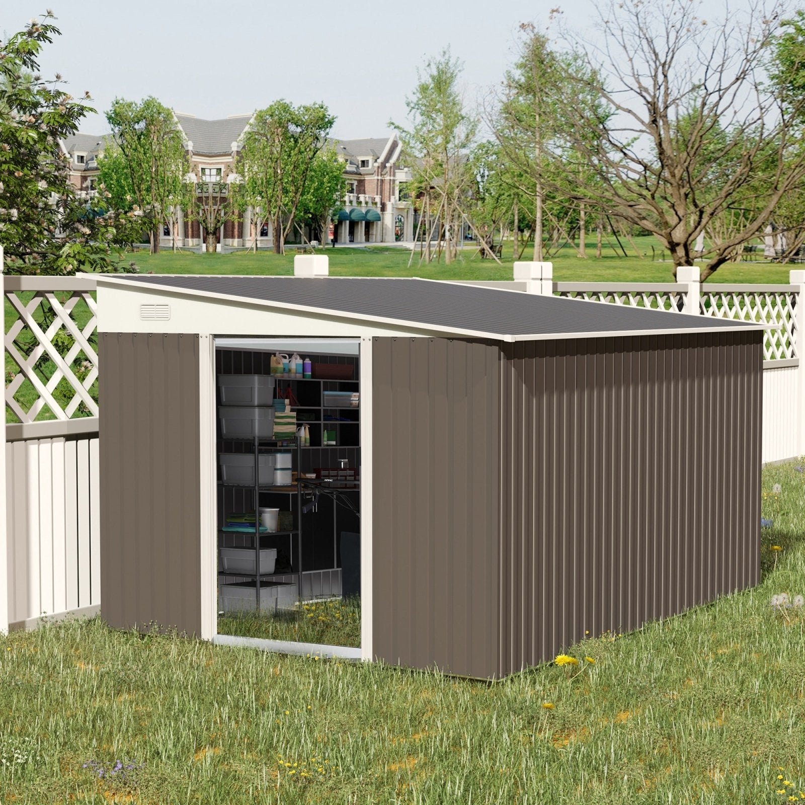 11 x 9 ft Metal Garden Storage Shed Sloped roof Tool House with Double Sliding Doors and 2 Air Vents, Grey - Bedzy UK modern and affordable home furniture England