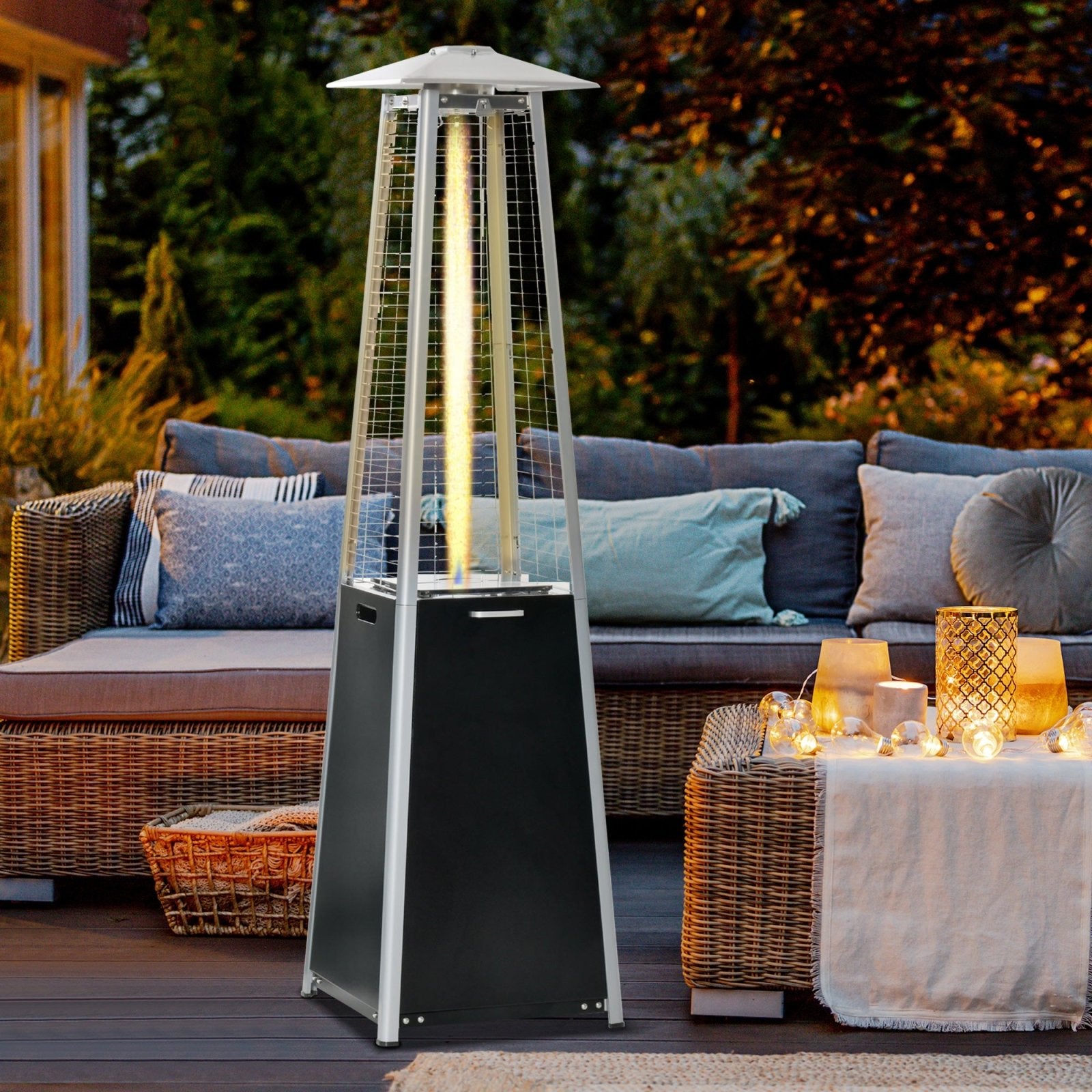 11.2KW Outdoor Patio Gas Heater Freestanding Pyramid Propane Heater Garden Tower Heater with Wheels, Dust Cover, Black, 50 x 50 x 190cm - Bedzy UK modern and affordable home furniture England